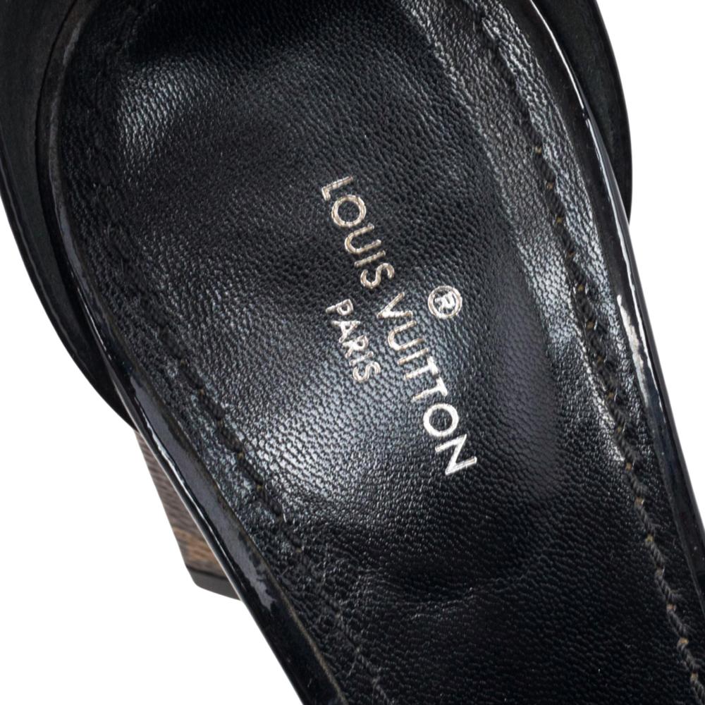 Women's Louis Vuitton Black Patent Leather Monogram Heel Ankle Strap Sandals Size 37.5