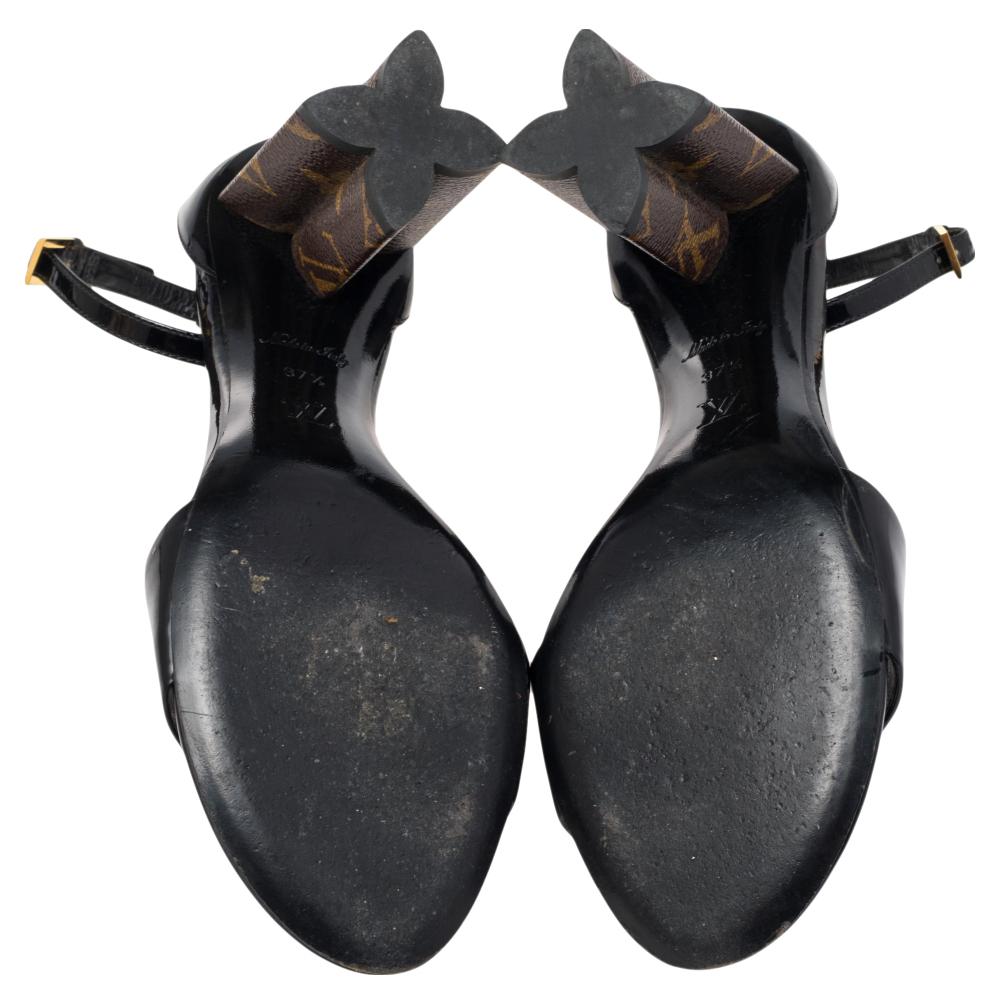 Louis Vuitton Black Patent Leather Monogram Heel Ankle Strap Sandals Size 37.5 2