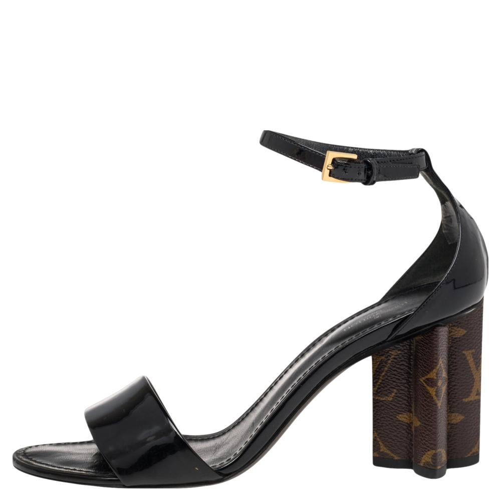 Louis Vuitton Black Patent Leather Monogram Heel Ankle Strap Sandals Size 37.5 3