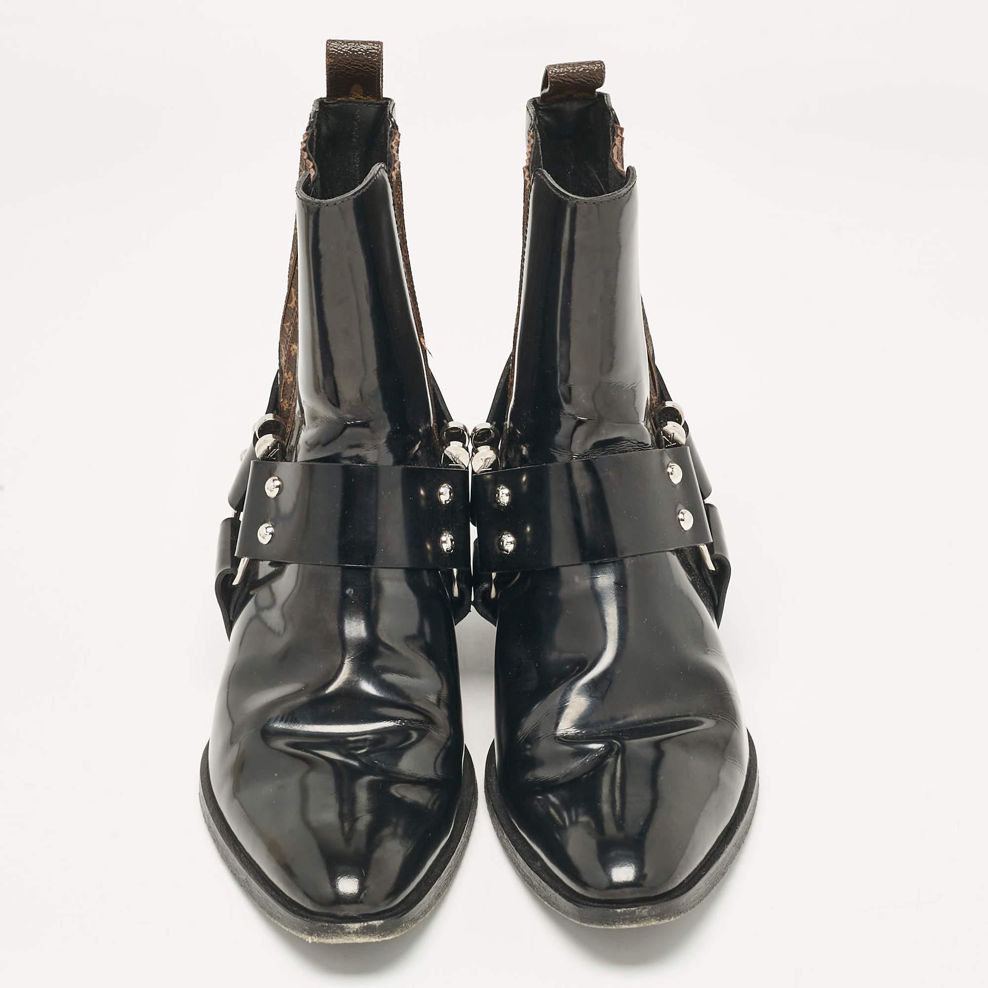 Louis Vuitton Black Patent Leather Nano Monogram Canvas Rhapsody Boots Size 38 In Good Condition In Dubai, Al Qouz 2