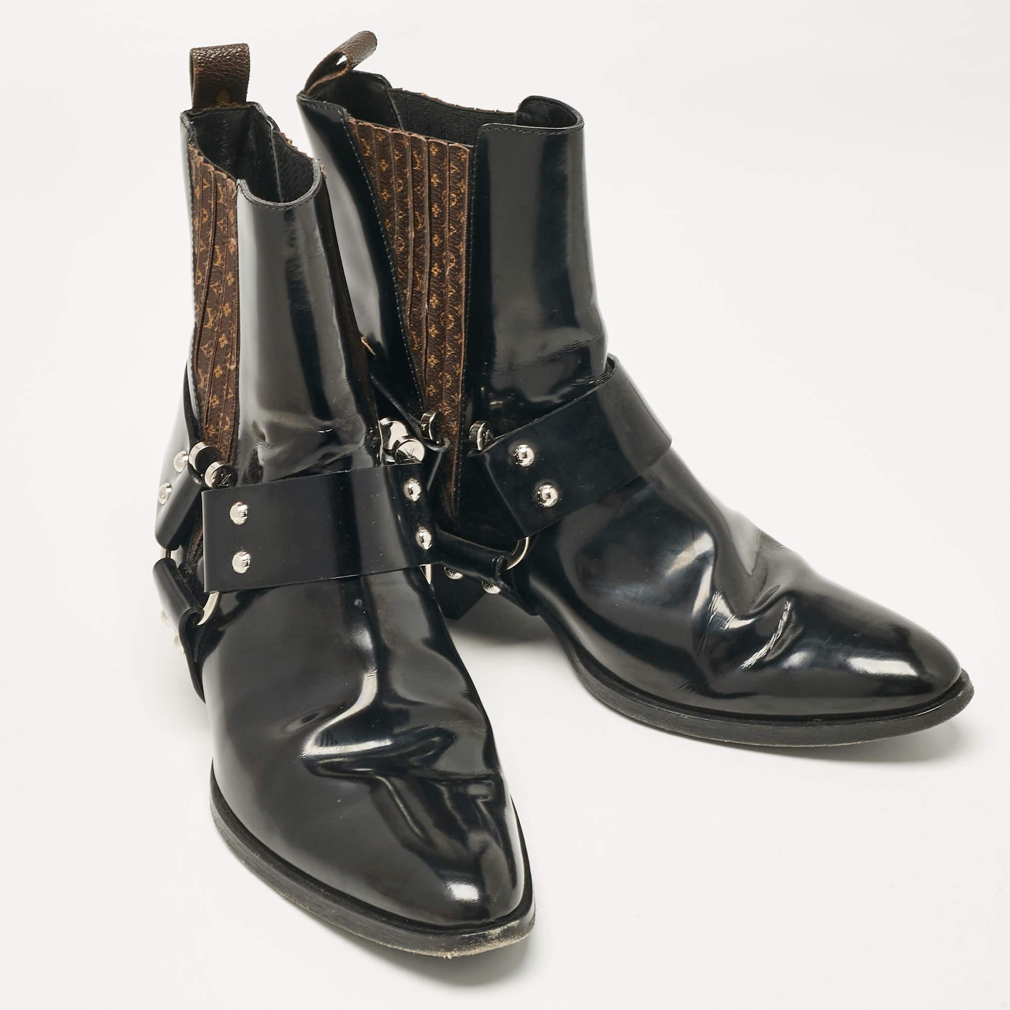 Women's Louis Vuitton Black Patent Leather Nano Monogram Canvas Rhapsody Boots Size 38