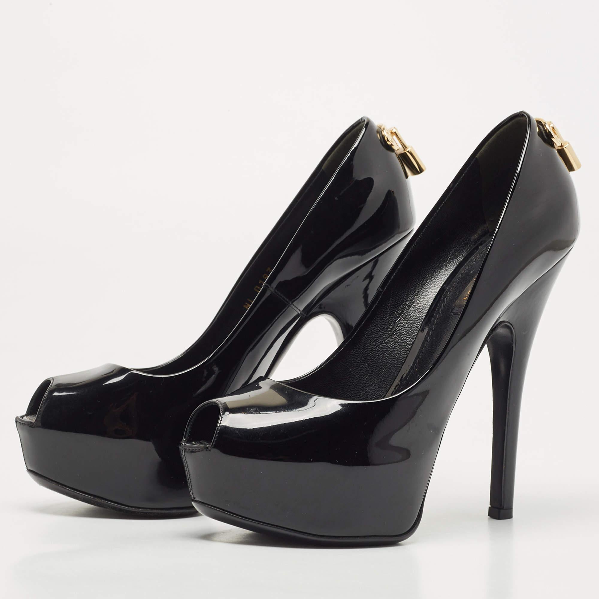 Women's Louis Vuitton Black Patent Leather Oh Really! Platform Peep Toe Pumps Size 38