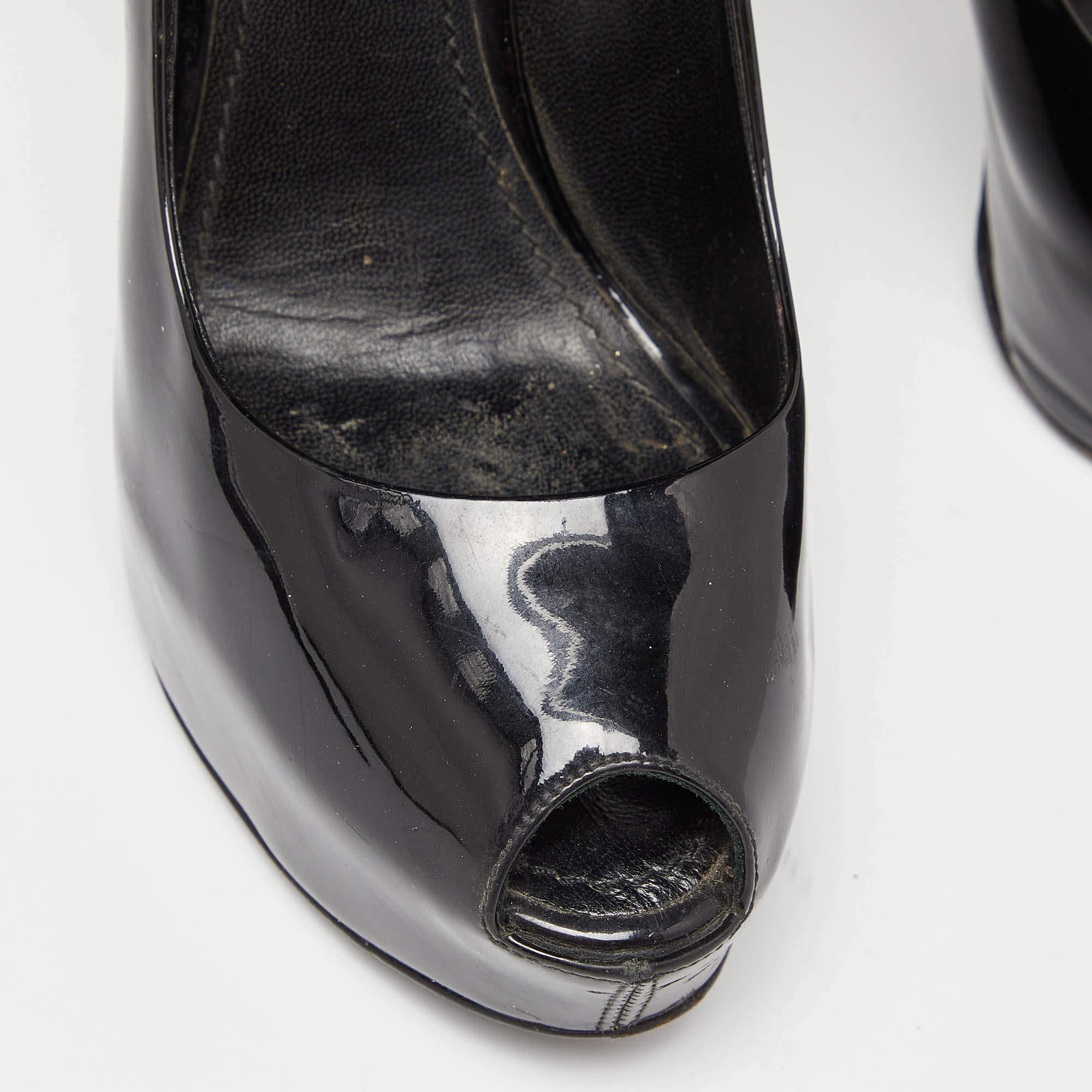 Women's Louis Vuitton Black Patent Leather Oh Really! Platform Peep Toe Pumps Size 38.5 For Sale