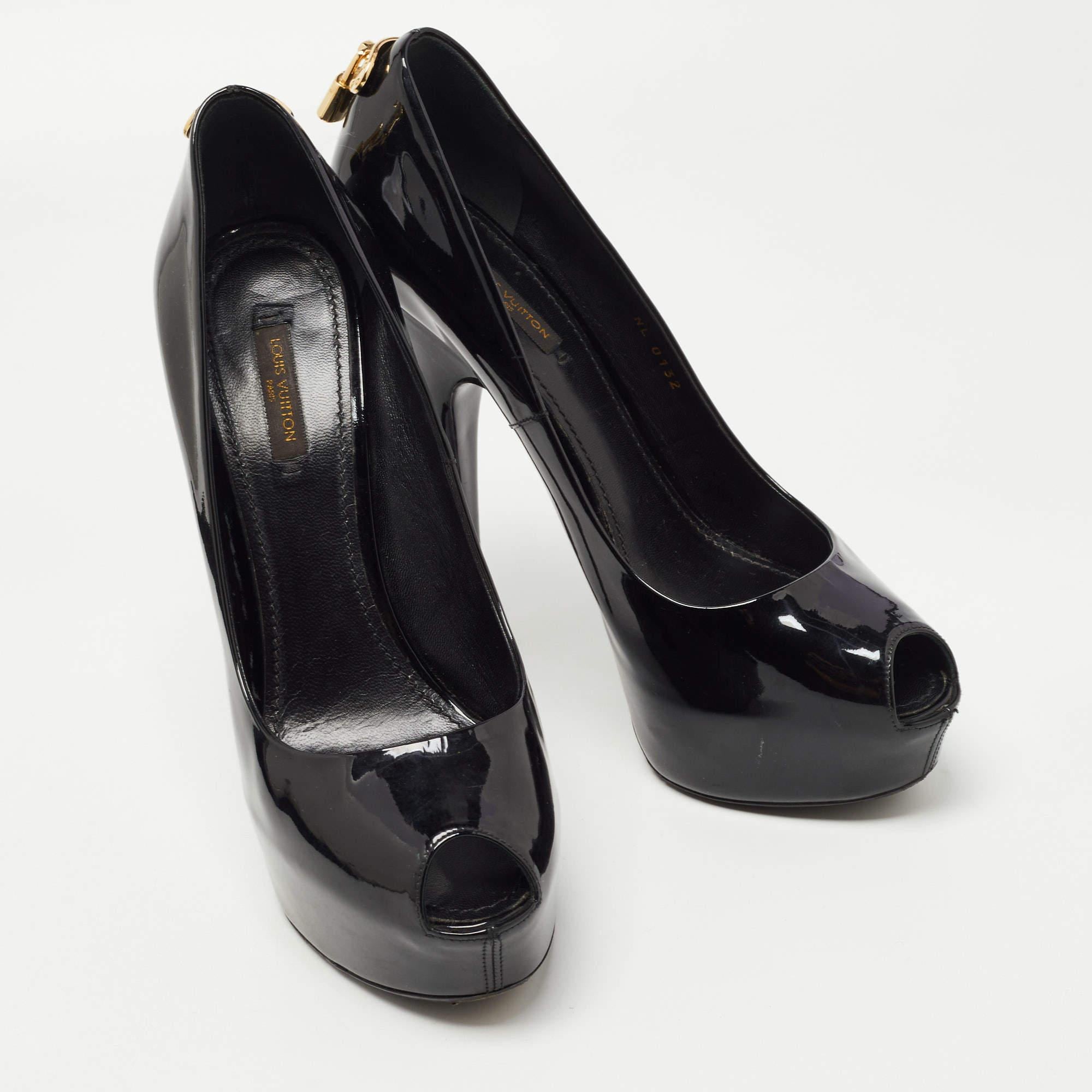 Women's Louis Vuitton Black Patent Leather Oh Really! Platform Peep Toe Pumps Size 39.5 For Sale