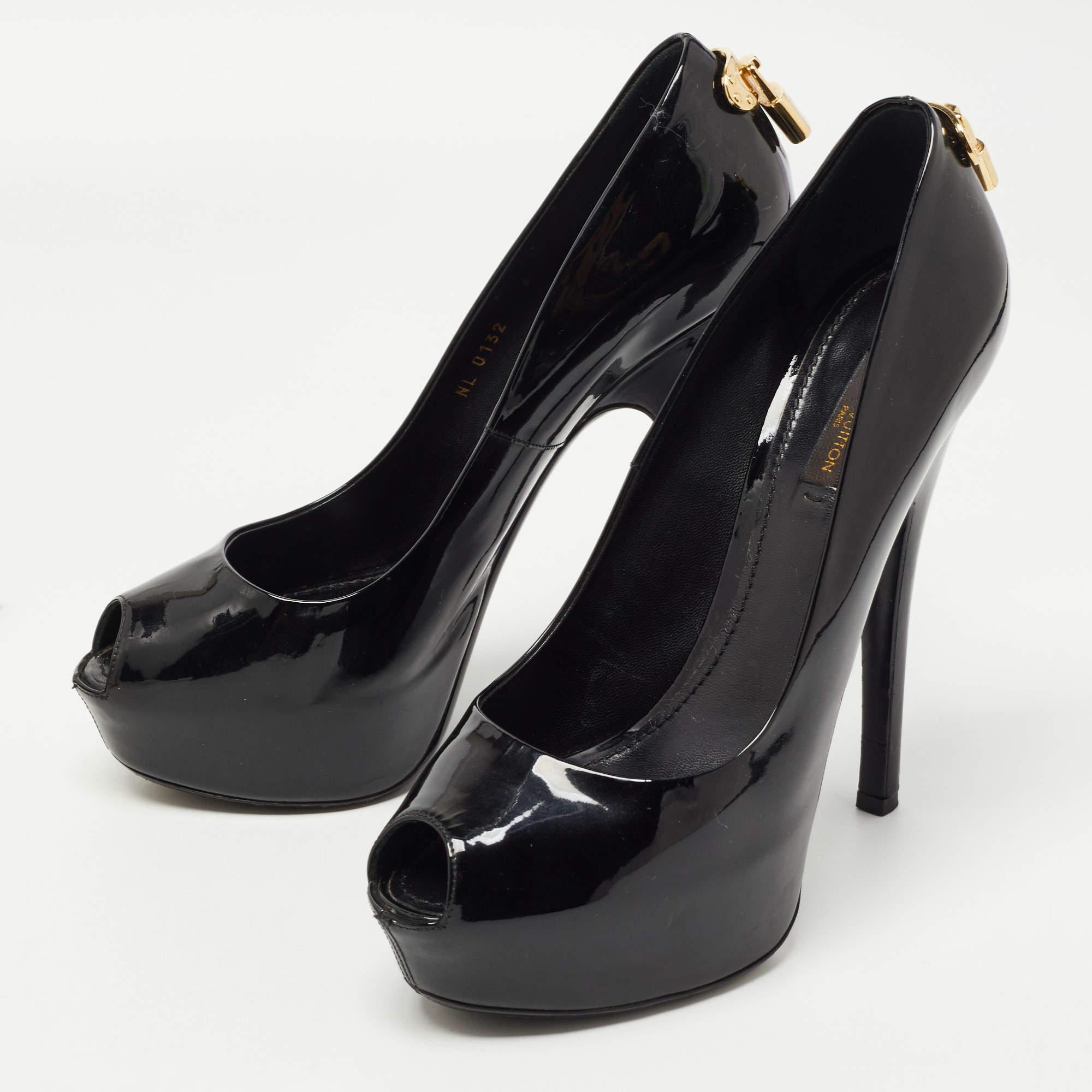 Women's Louis Vuitton Black Patent Leather Oh Really! Platform Peep Toe Pumps Size 39.5