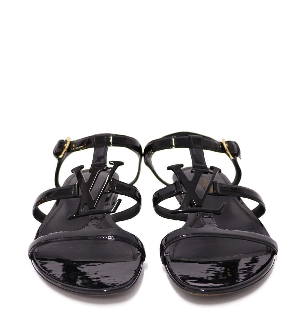 Louis Vuitton Black Patent Leather Paradiso Flat Gladiator Sandals Size EU 37 In Good Condition In Amman, JO