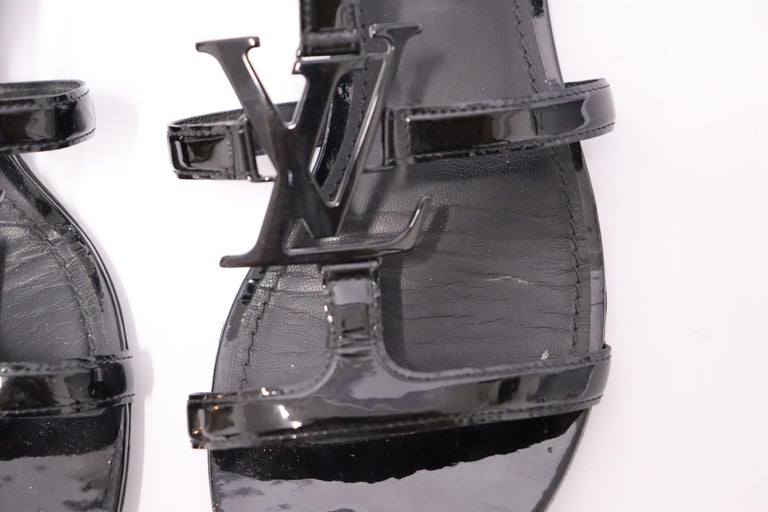 Louis Vuitton Patent Leather Paradiso Logo Black Sandals Size 37.5
