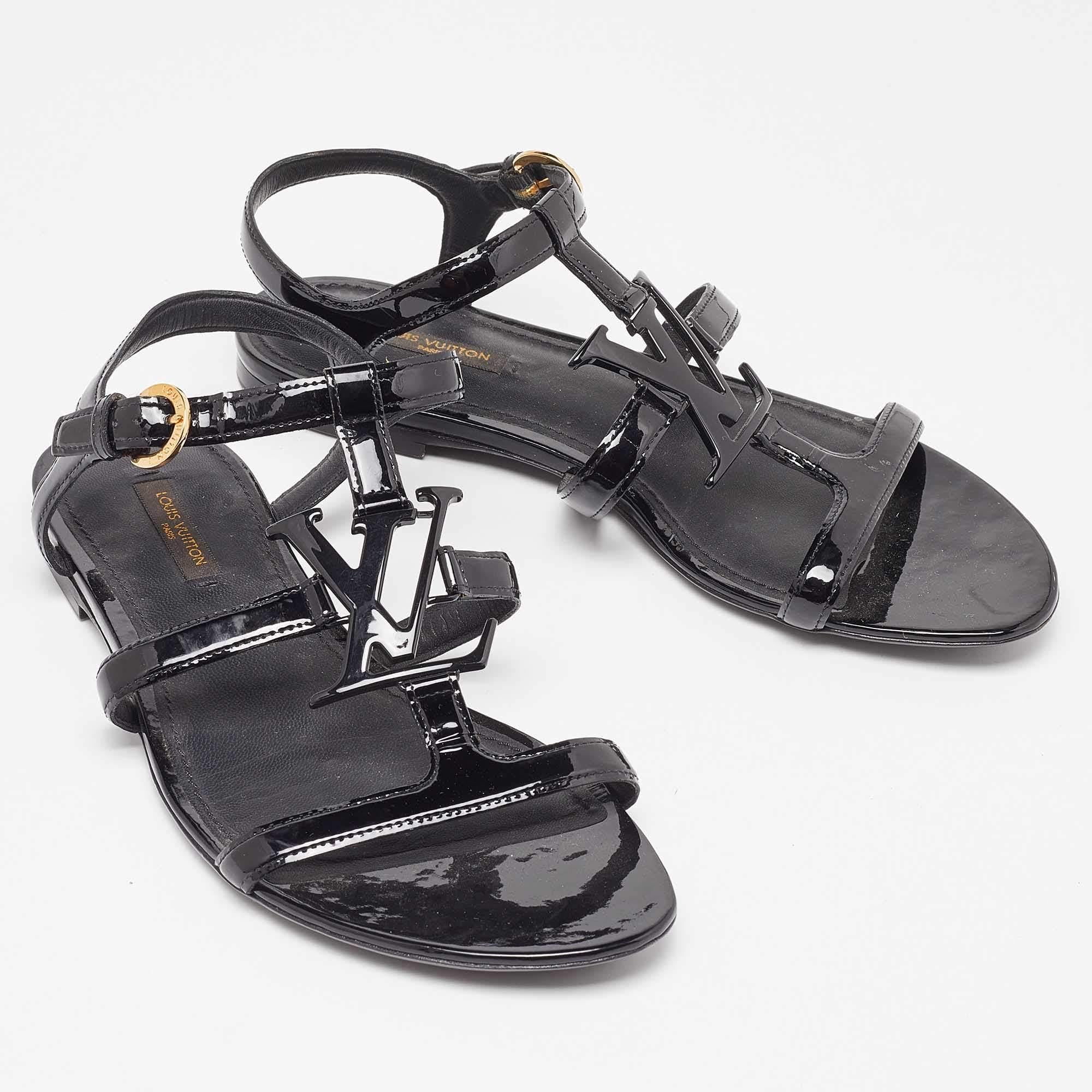 Louis Vuitton Black Patent Leather Paradiso Flat Sandals Size 38 In Good Condition In Dubai, Al Qouz 2