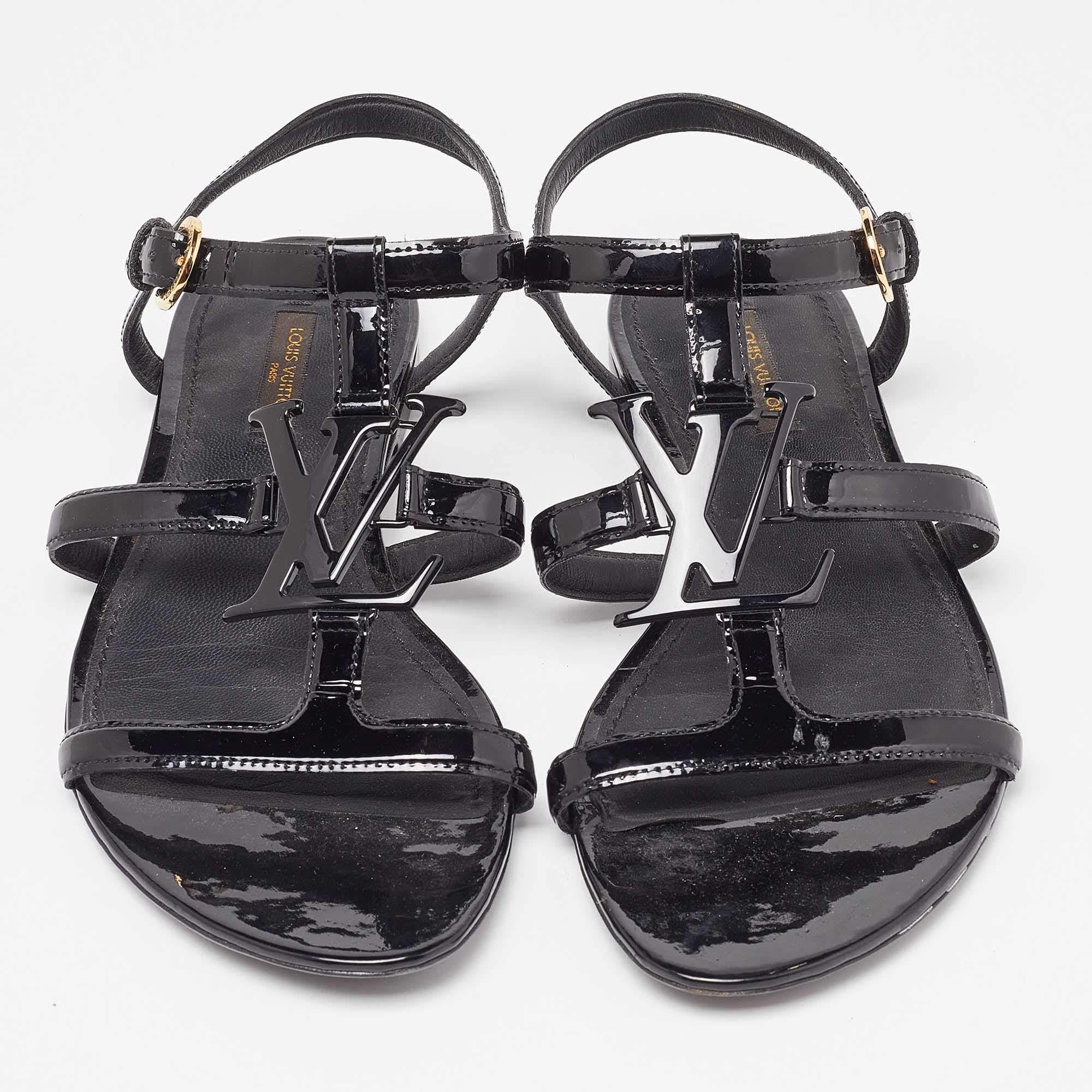 Women's Louis Vuitton Black Patent Leather Paradiso Flat Sandals Size 38