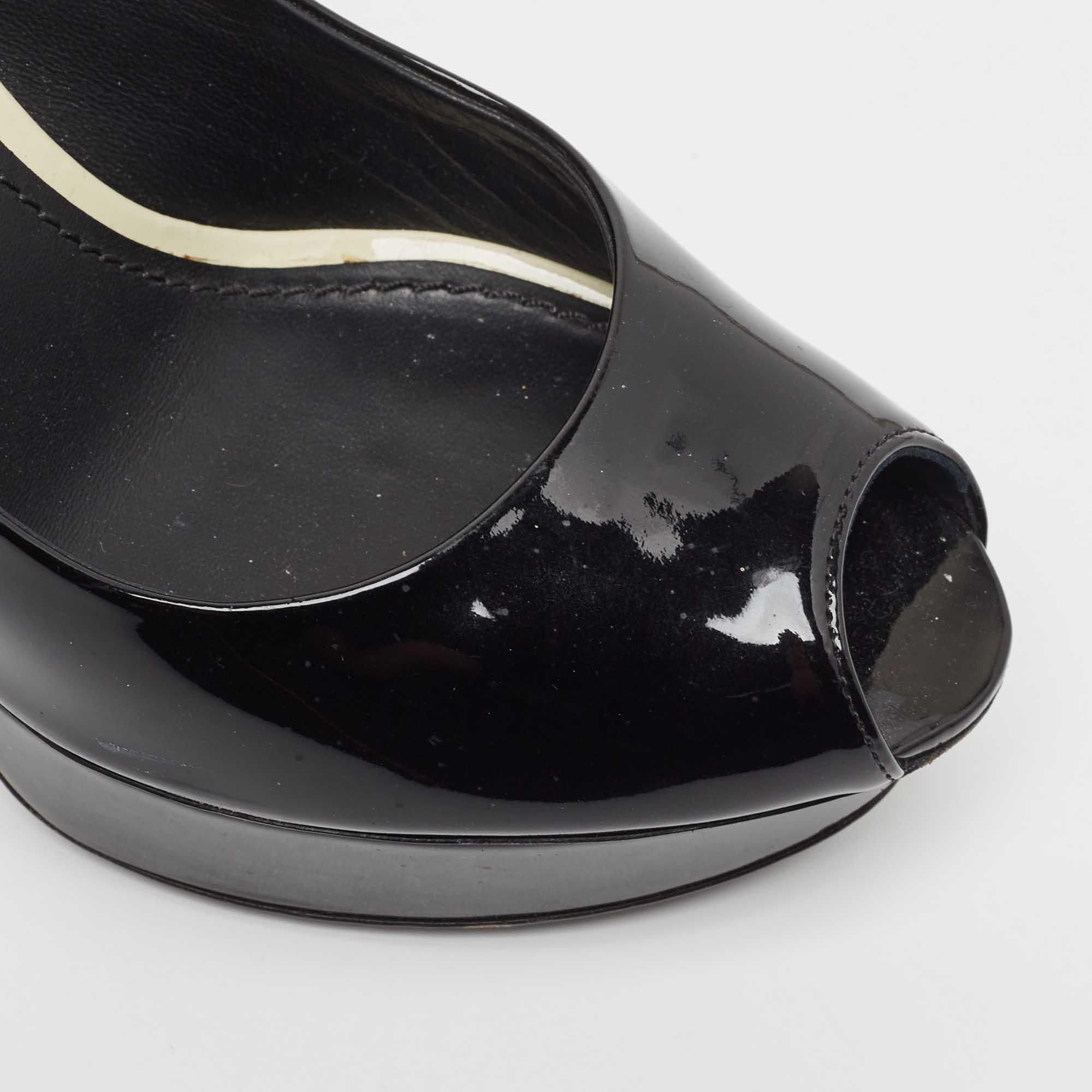 Women's Louis Vuitton Black Patent Leather Peep Toe Platform Pumps Size 36.5 For Sale