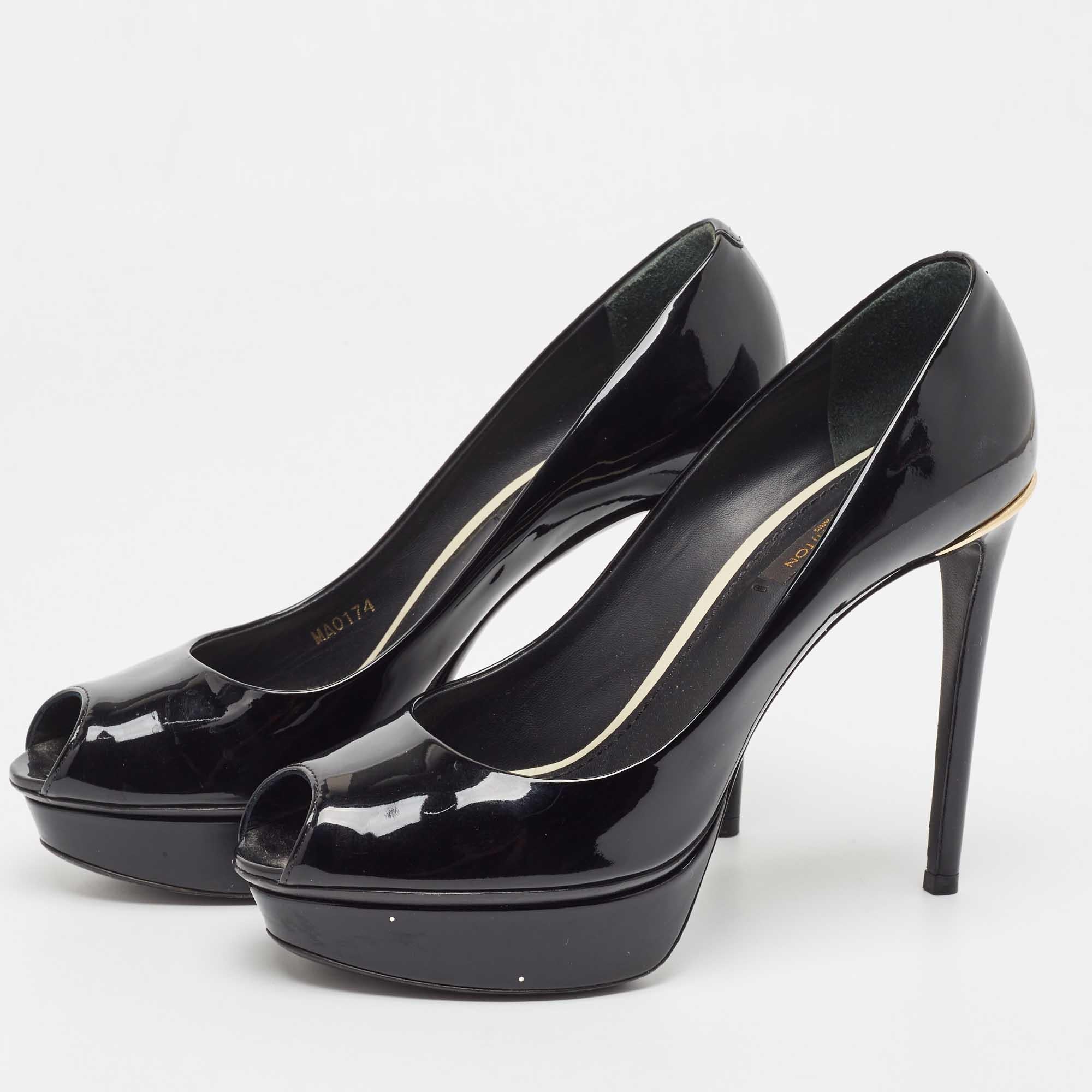 Louis Vuitton Black Patent Leather Peep Toe Platform Pumps Size 36.5 For Sale 2