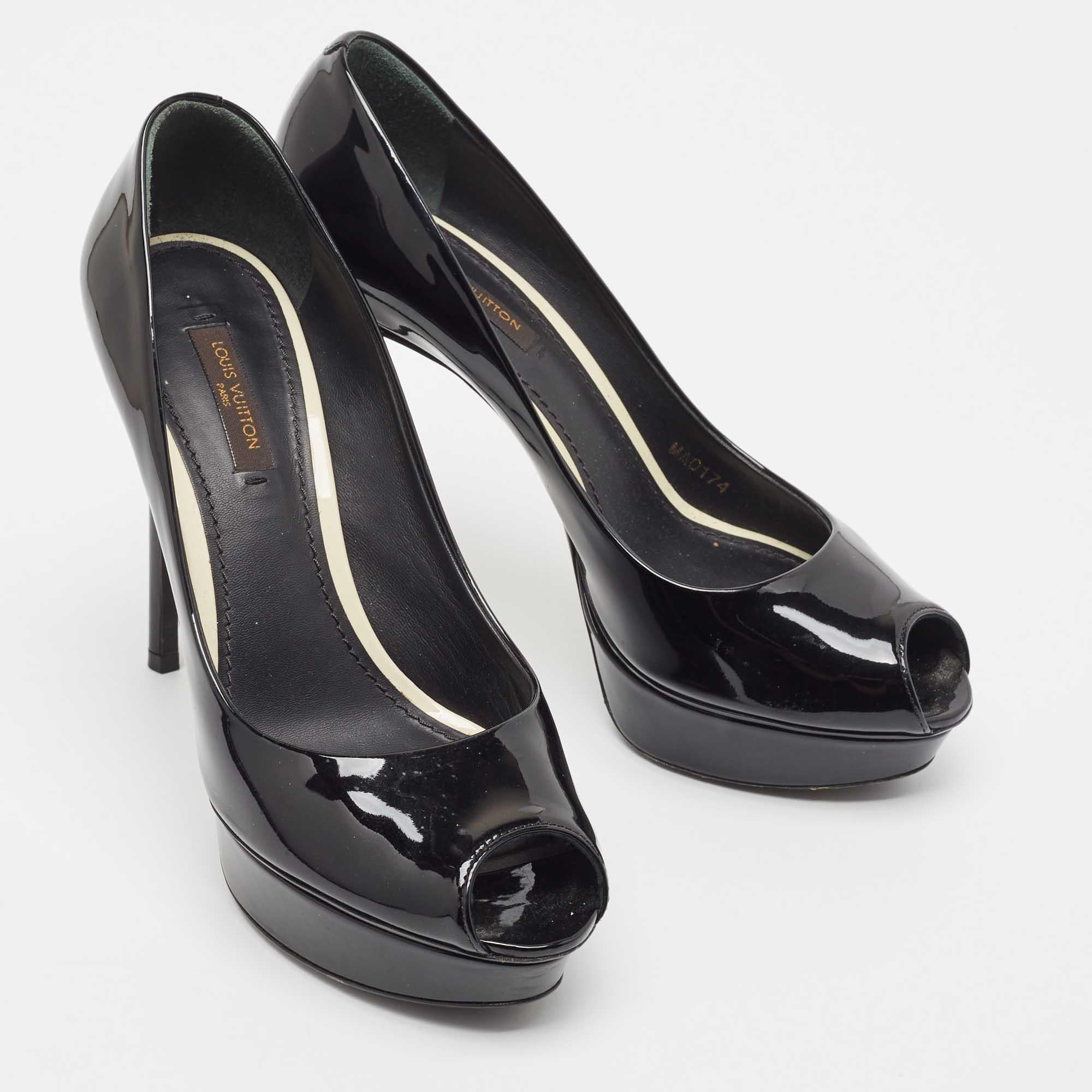 Louis Vuitton Black Patent Leather Peep Toe Platform Pumps Size 36.5 For Sale 3