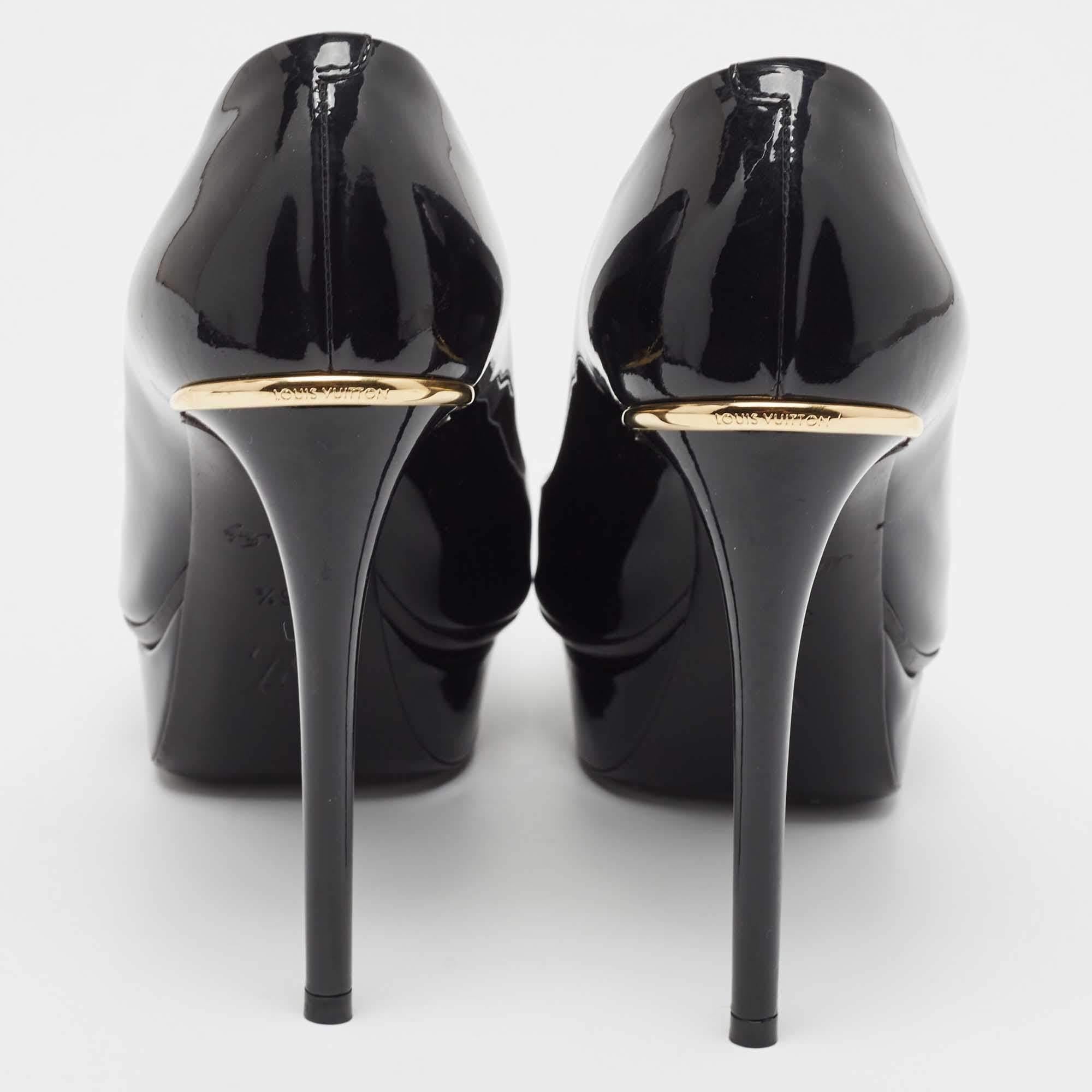 Louis Vuitton Black Patent Leather Peep Toe Platform Pumps Size 36.5 For Sale 4