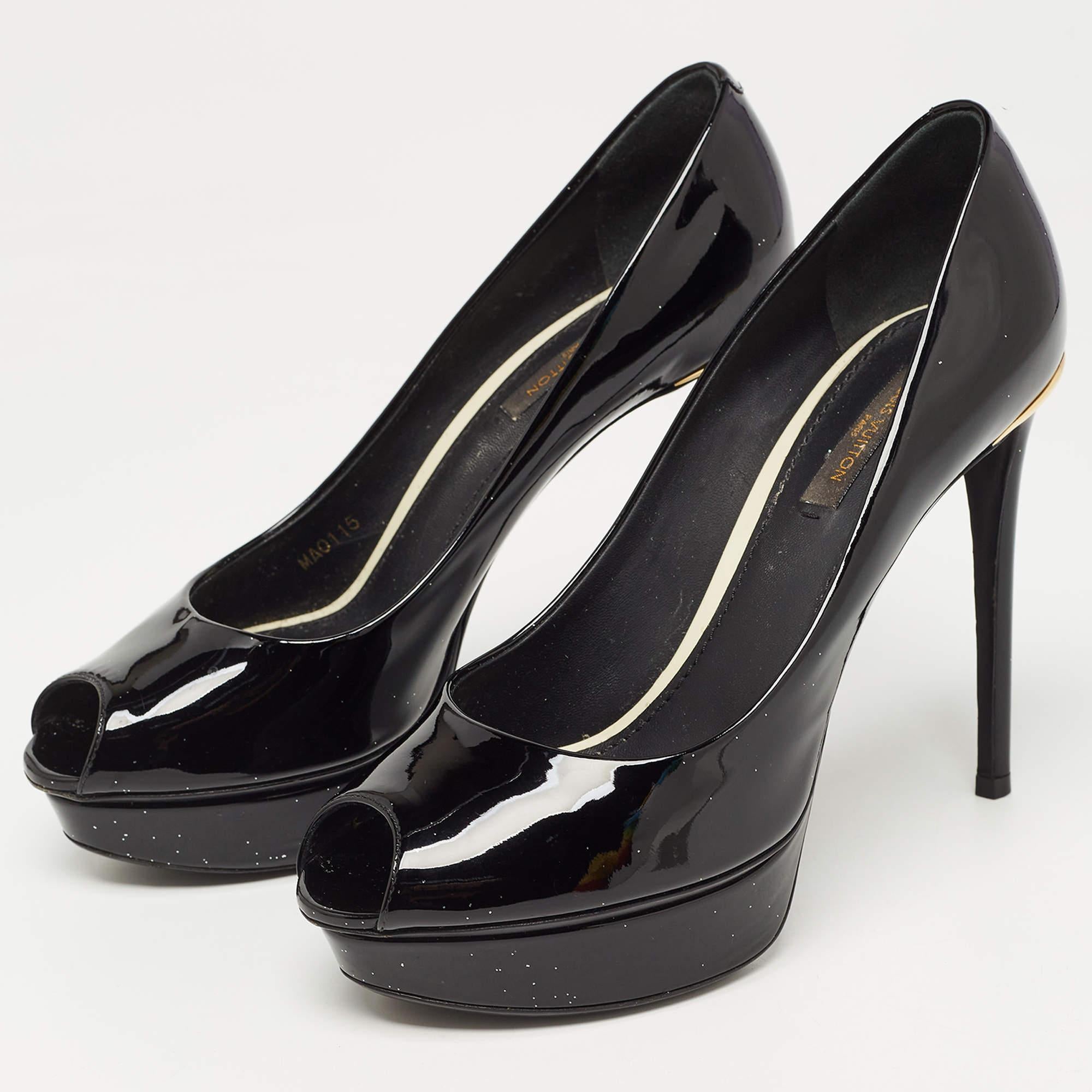 Women's Louis Vuitton Black Patent Leather Peep Toe Platform Pumps Size 37 For Sale