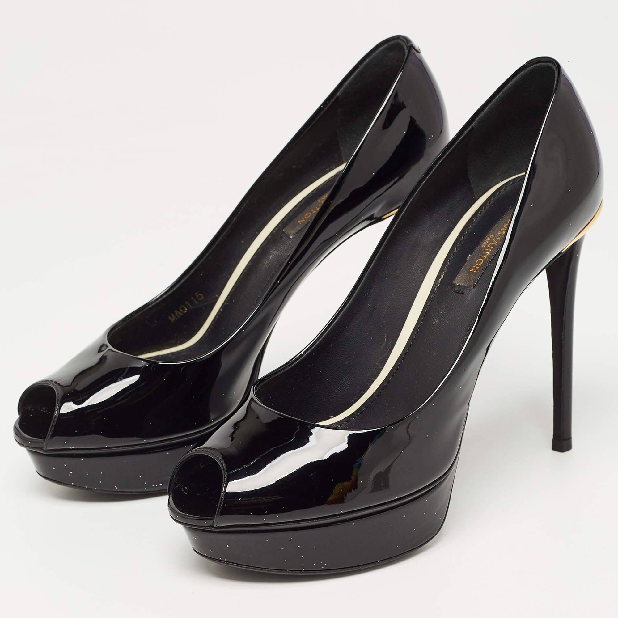 Women's Louis Vuitton Black Patent Leather Peep Toe Platform Pumps Size 37