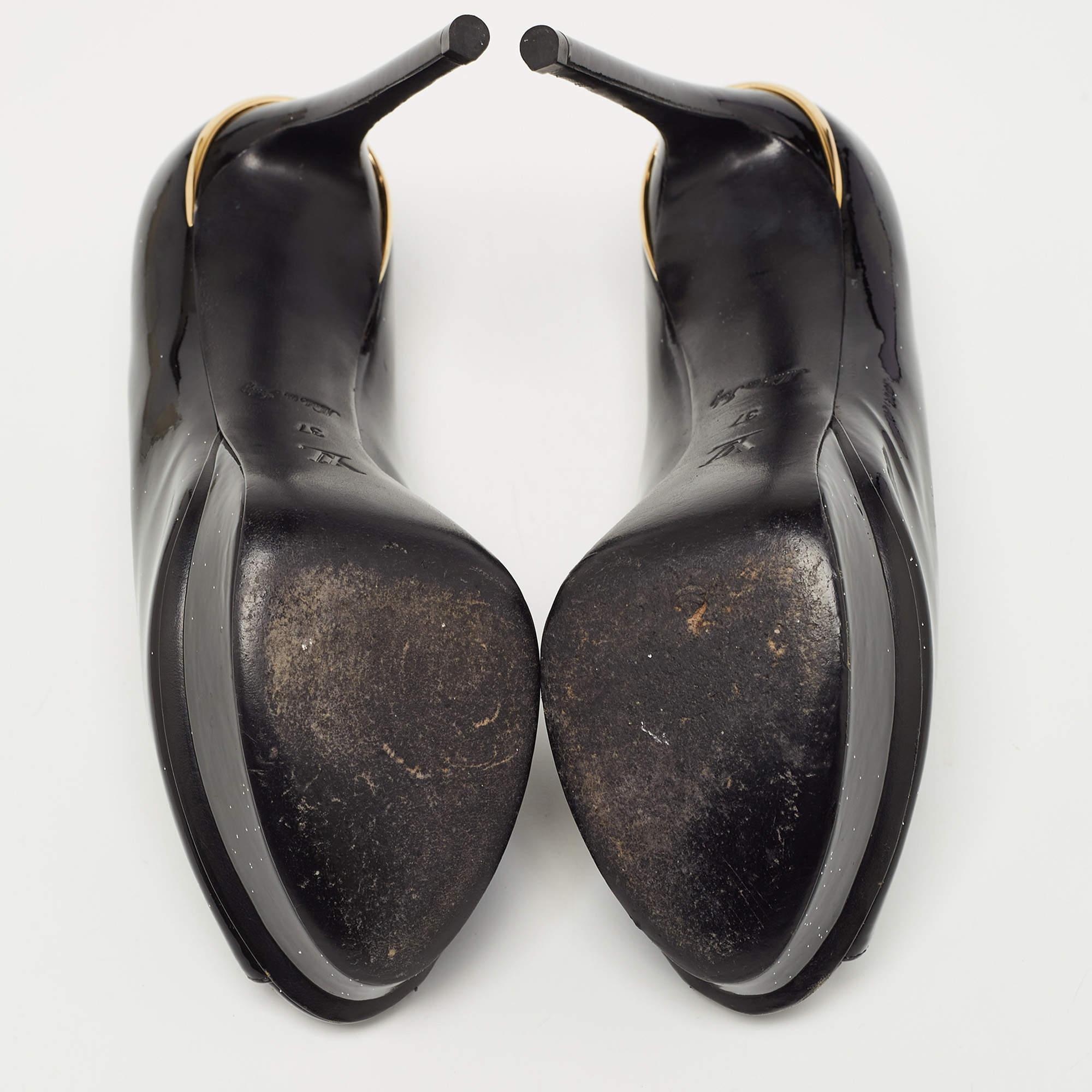 Louis Vuitton Black Patent Leather Peep Toe Platform Pumps Size 37 For Sale 2