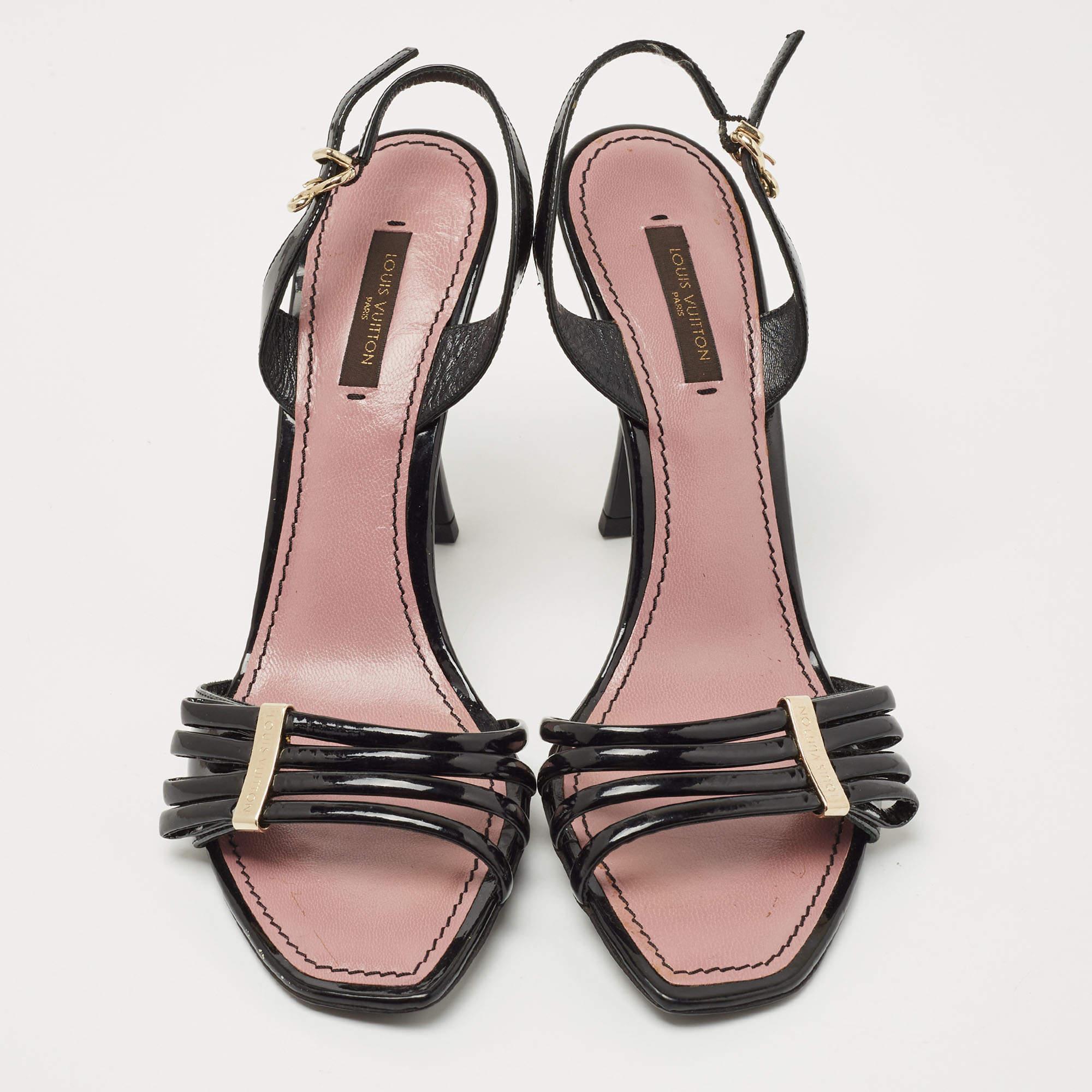 These sandals from Louis Vuitton are chic and super comfortable to use. They are created using patent leather on the exterior and come with gold-tone hardware, open toes, and an ankle buckle closure.

Includes: Original Dustbag, Original Box

