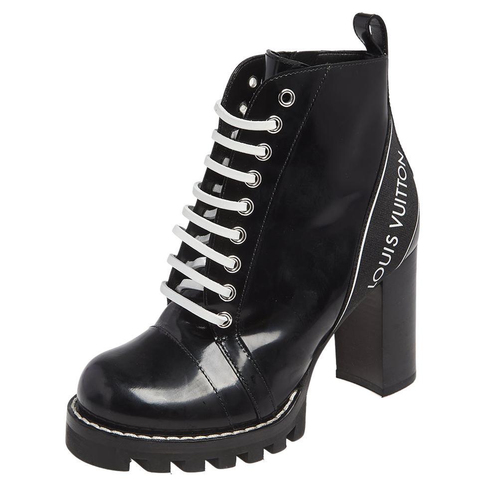 Louis Vuitton Black Patent Leather Fur Trim Booties Shoes Size 38.5 / 8.5 US