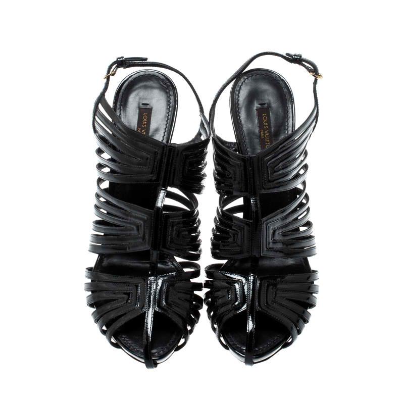 Louis Vuitton Black Patent Leather Strappy Platform Sandals Size 39 In Good Condition In Dubai, Al Qouz 2