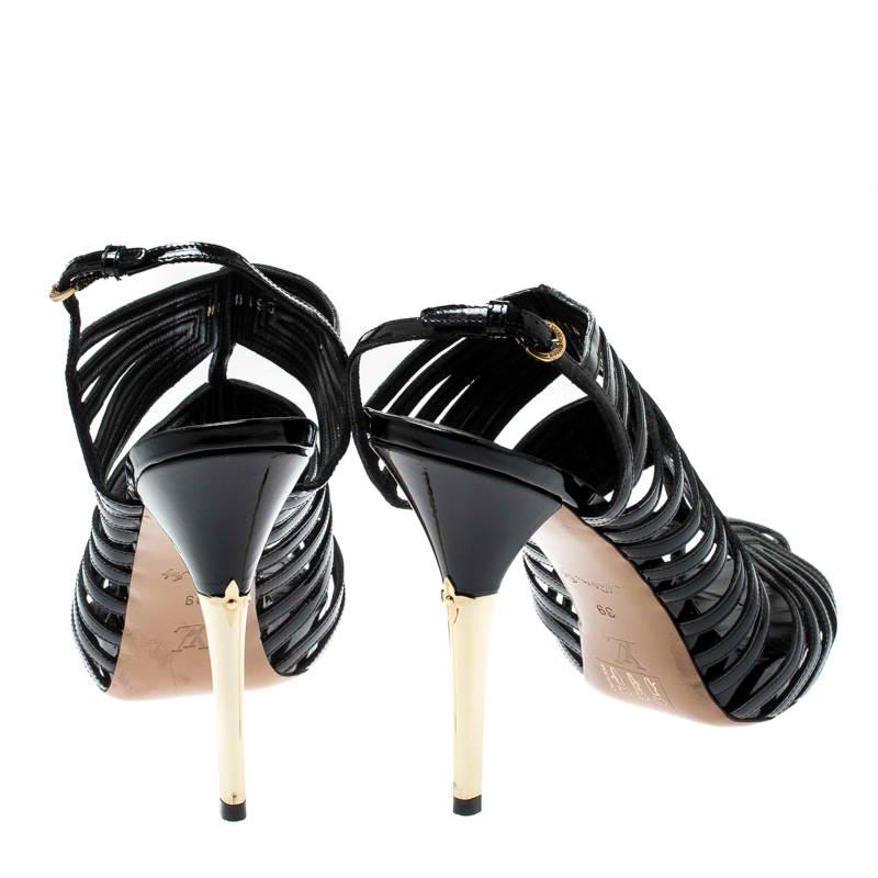 Women's Louis Vuitton Black Patent Leather Strappy Platform Sandals Size 39