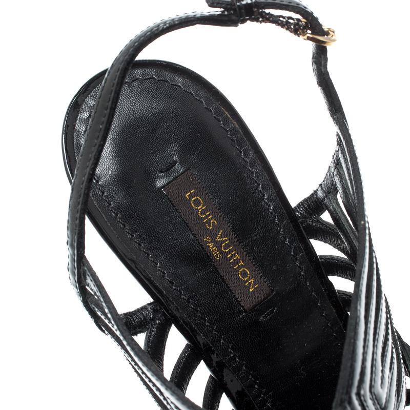 Louis Vuitton Black Patent Leather Strappy Platform Sandals Size 39 In Good Condition For Sale In Dubai, Al Qouz 2