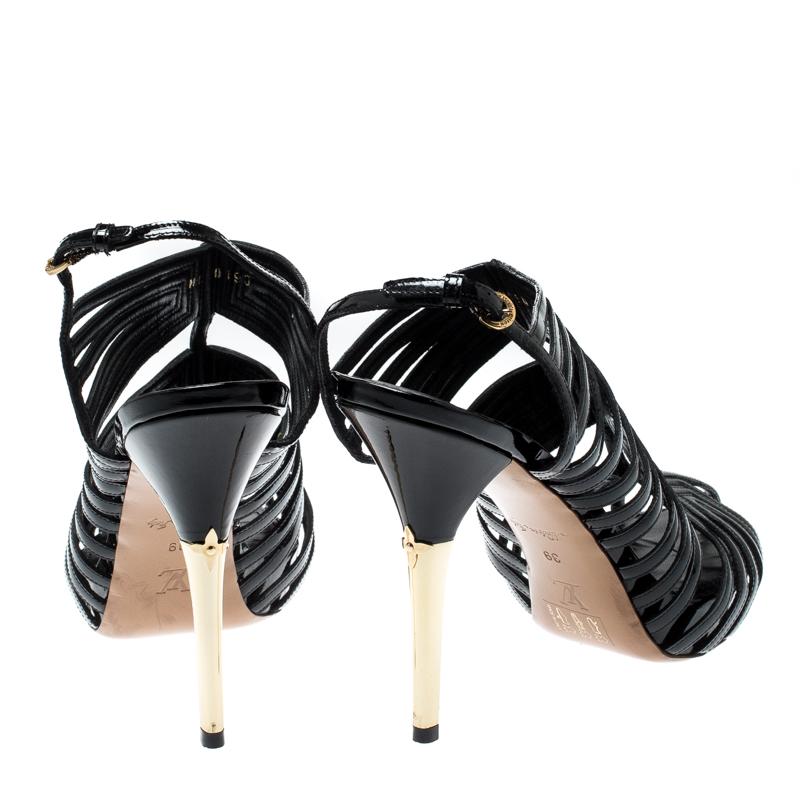 Women's Louis Vuitton Black Patent Leather Strappy Platform Sandals Size 39 For Sale