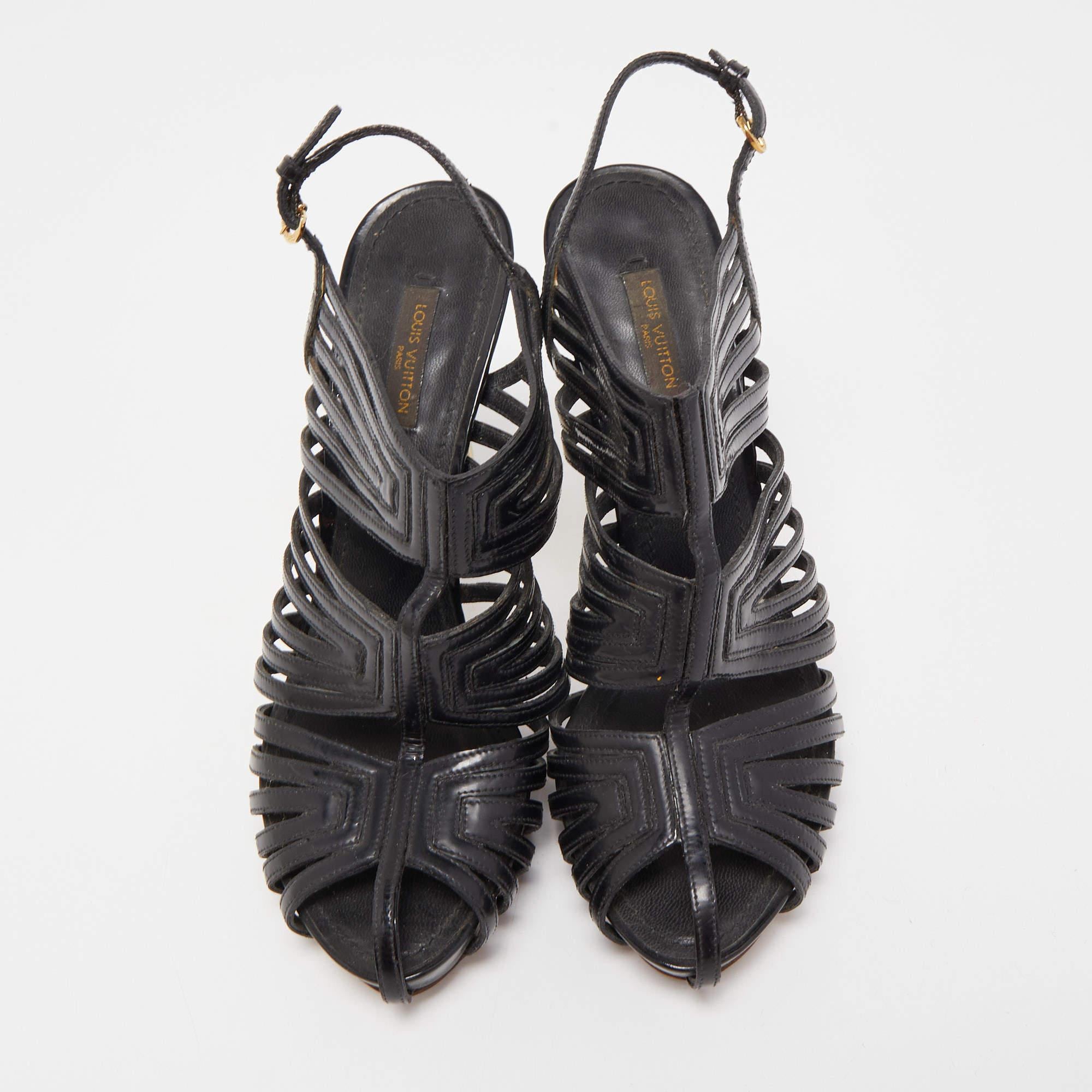 Louis Vuitton Black Patent Leather Strappy Slingback Sandals Size 36.5 In Good Condition For Sale In Dubai, Al Qouz 2