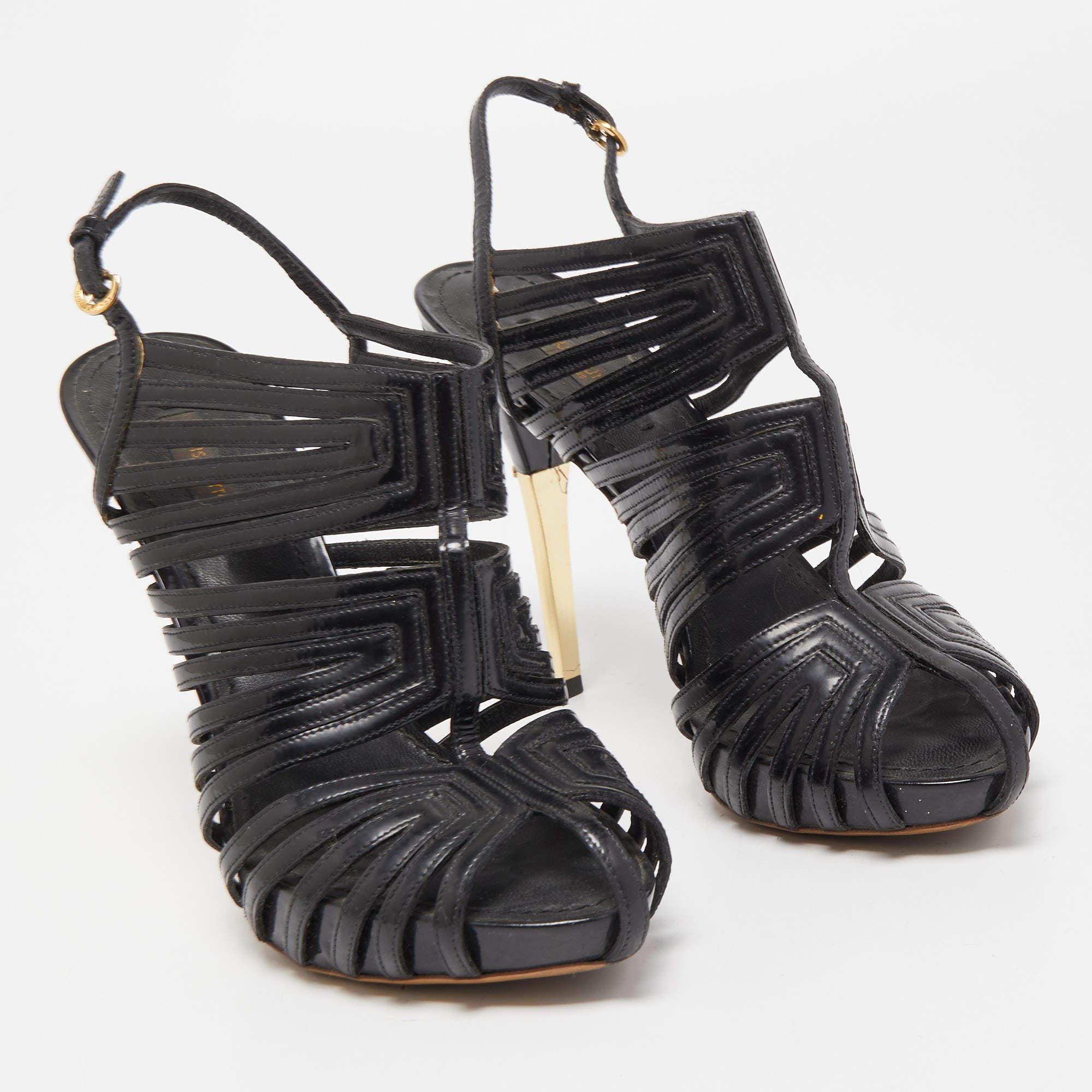 Women's Louis Vuitton Black Patent Leather Strappy Slingback Sandals Size 36.5 For Sale