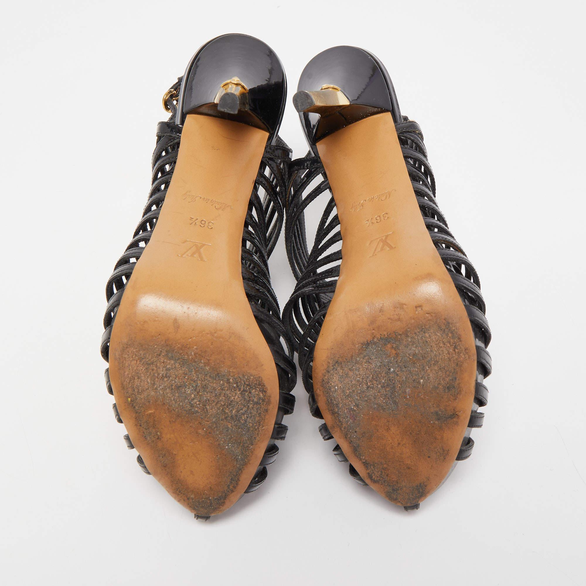 Louis Vuitton Black Patent Leather Strappy Slingback Sandals Size 36.5 For Sale 2