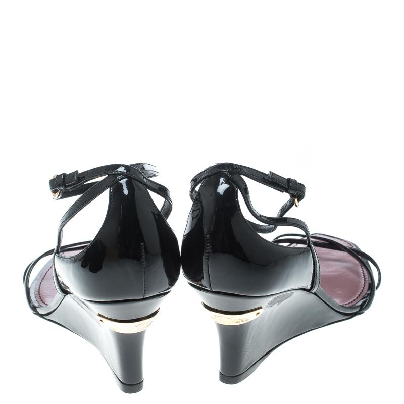 Louis Vuitton Black Patent Leather Strawberry Cross Strap Wedge Sandals Size 39 1