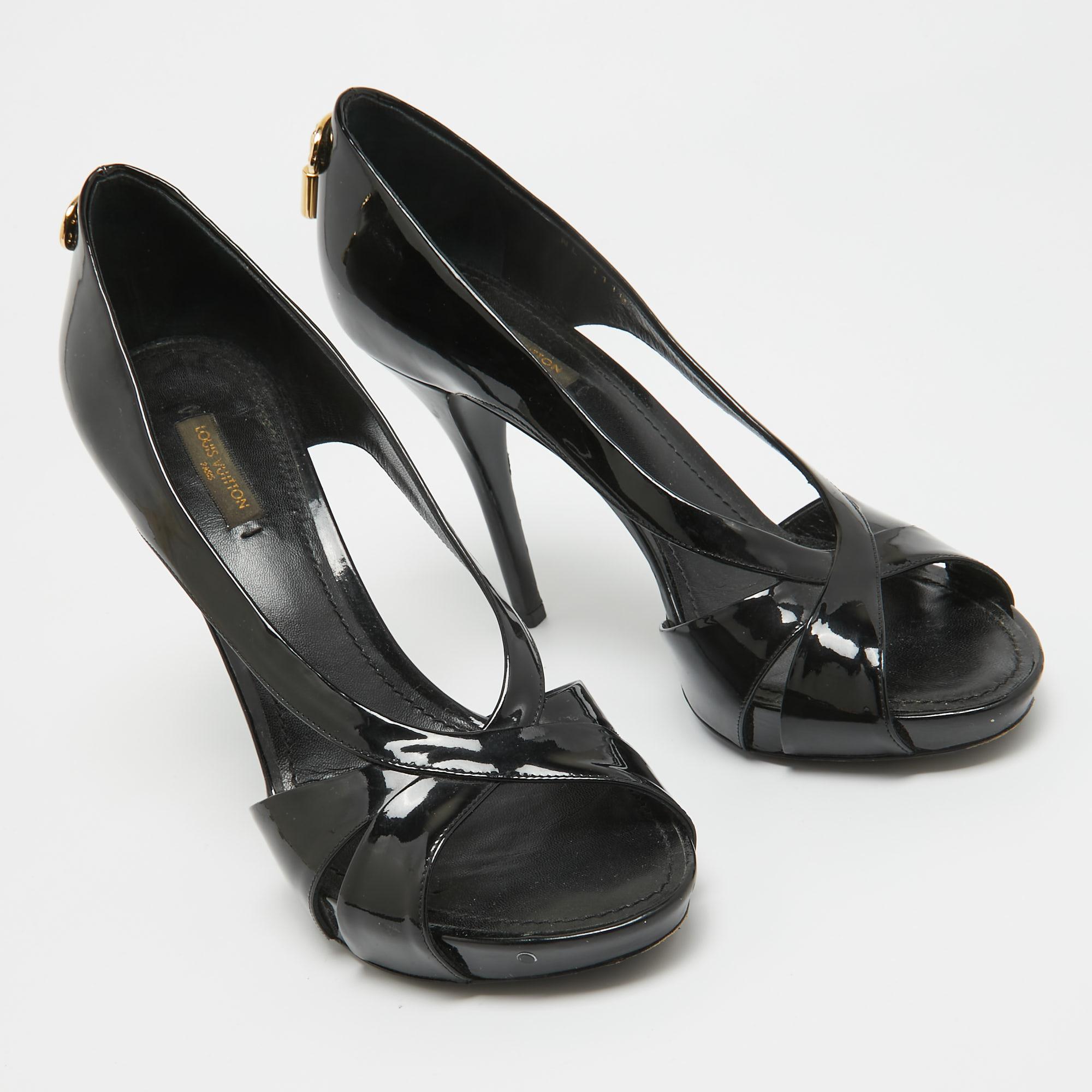 Women's Louis Vuitton Black Patent Lock It Cutout Peep Toe Pumps Size 39