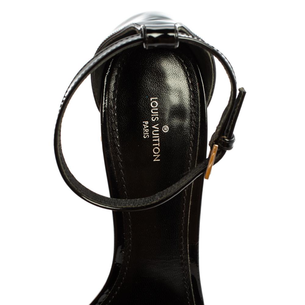 Women's Louis Vuitton Black Patent Silver Block Heel Ankle Strap Sandals Size 40