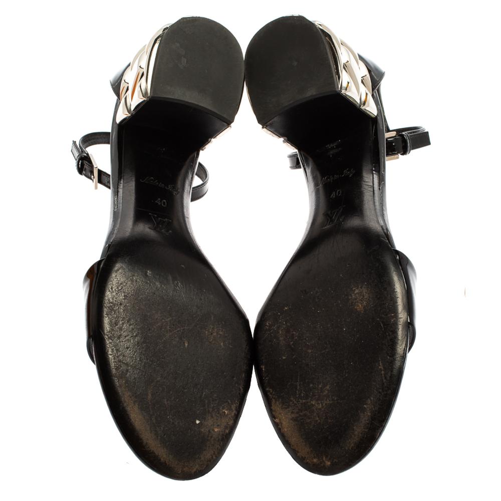 Louis Vuitton Black Patent Silver Block Heel Ankle Strap Sandals Size 40 2