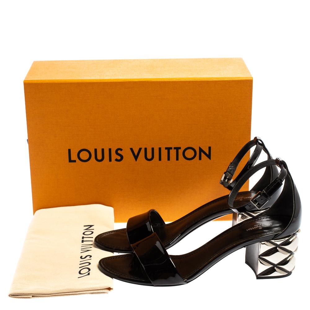 Louis Vuitton Black Patent Silver Block Heel Ankle Strap Sandals Size 40 3