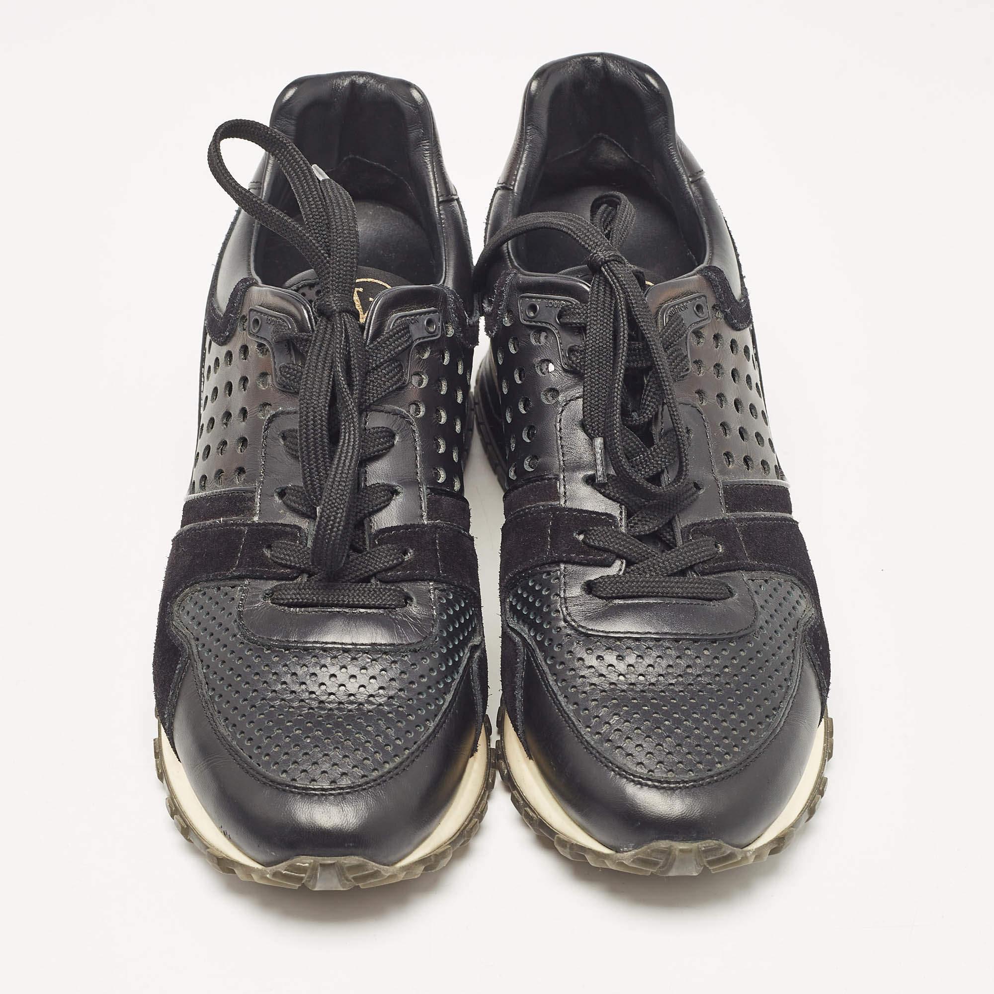 Louis Vuitton Black Perforated Leather and Suede Run Away Sneakers Size 37.5 In Good Condition In Dubai, Al Qouz 2