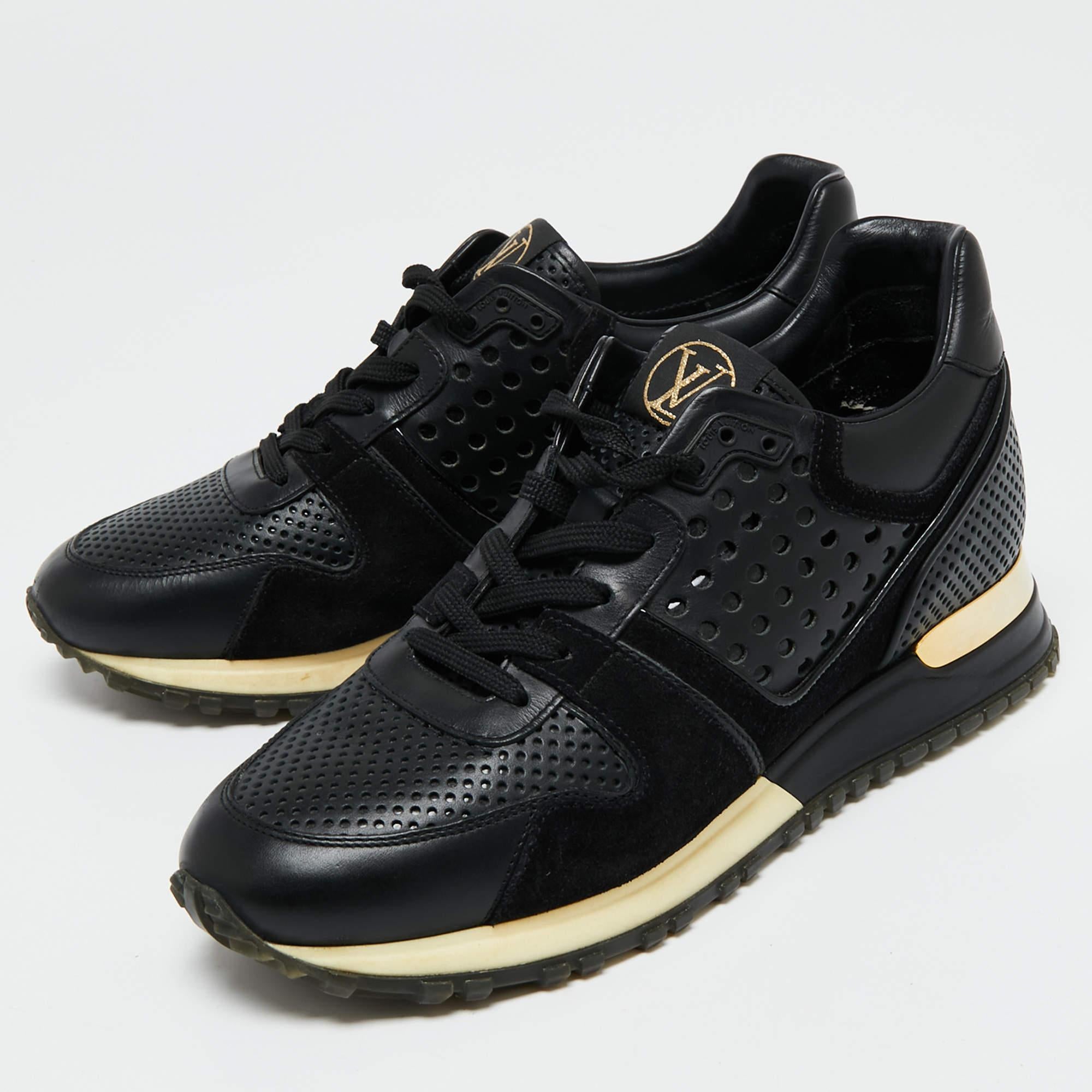 Louis Vuitton brings you these Run Away sneakers that are super sturdy, stunning, and stylish. They are crafted from black perforated leather and suede into a classic silhouette. They showcase gold-tone hardware and lace-up fastenings on the vamps.