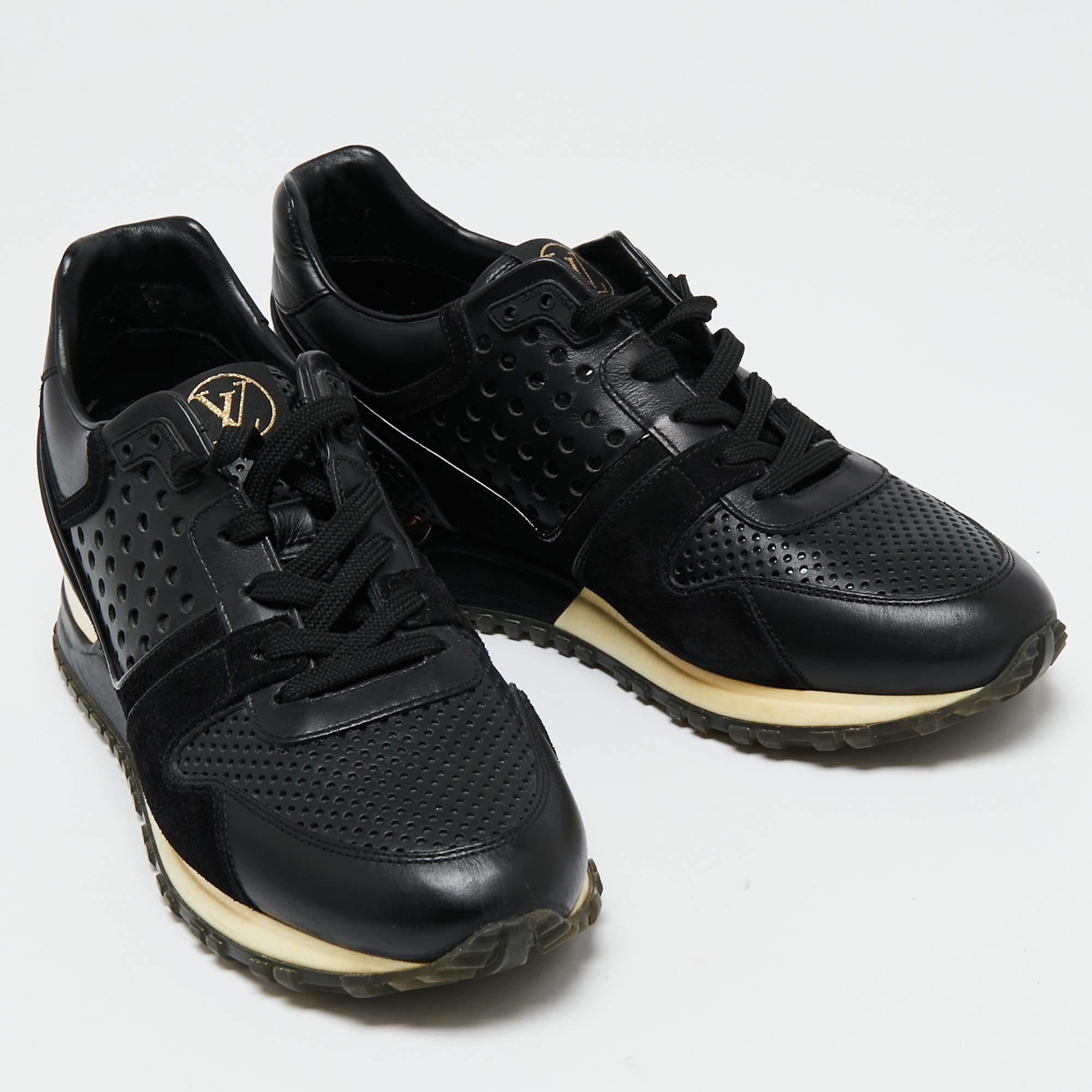 Louis Vuitton Black Perforated Leather and Suede Run Away Sneakers Size 38 In Good Condition In Dubai, Al Qouz 2