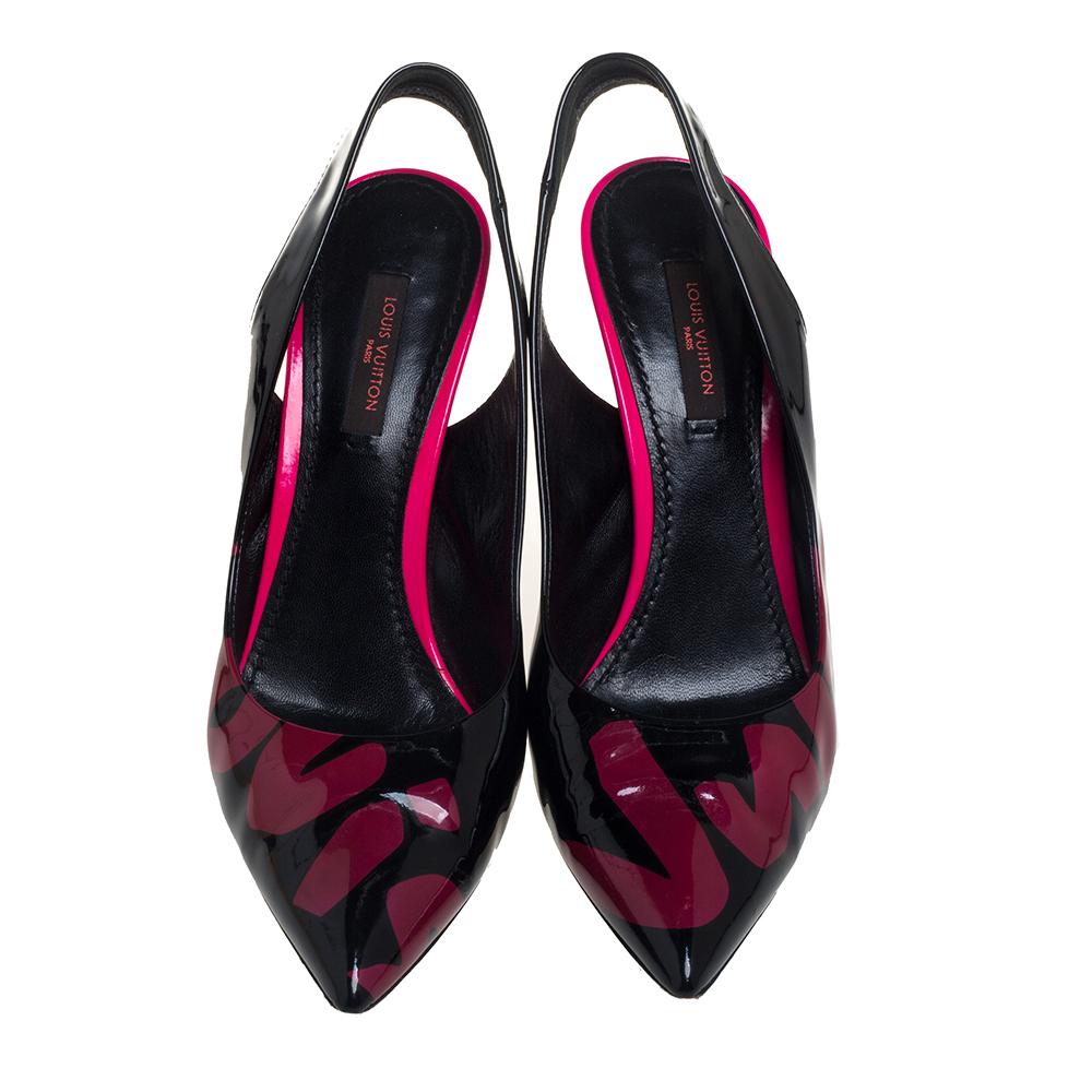 Those stylish outfits will look a lot more appealing with these bold sandals from Louis Vuitton. They have been crafted from black and pink patent leather into a pointed-toe silhouette and styled with graffiti print details and slingbacks. They are
