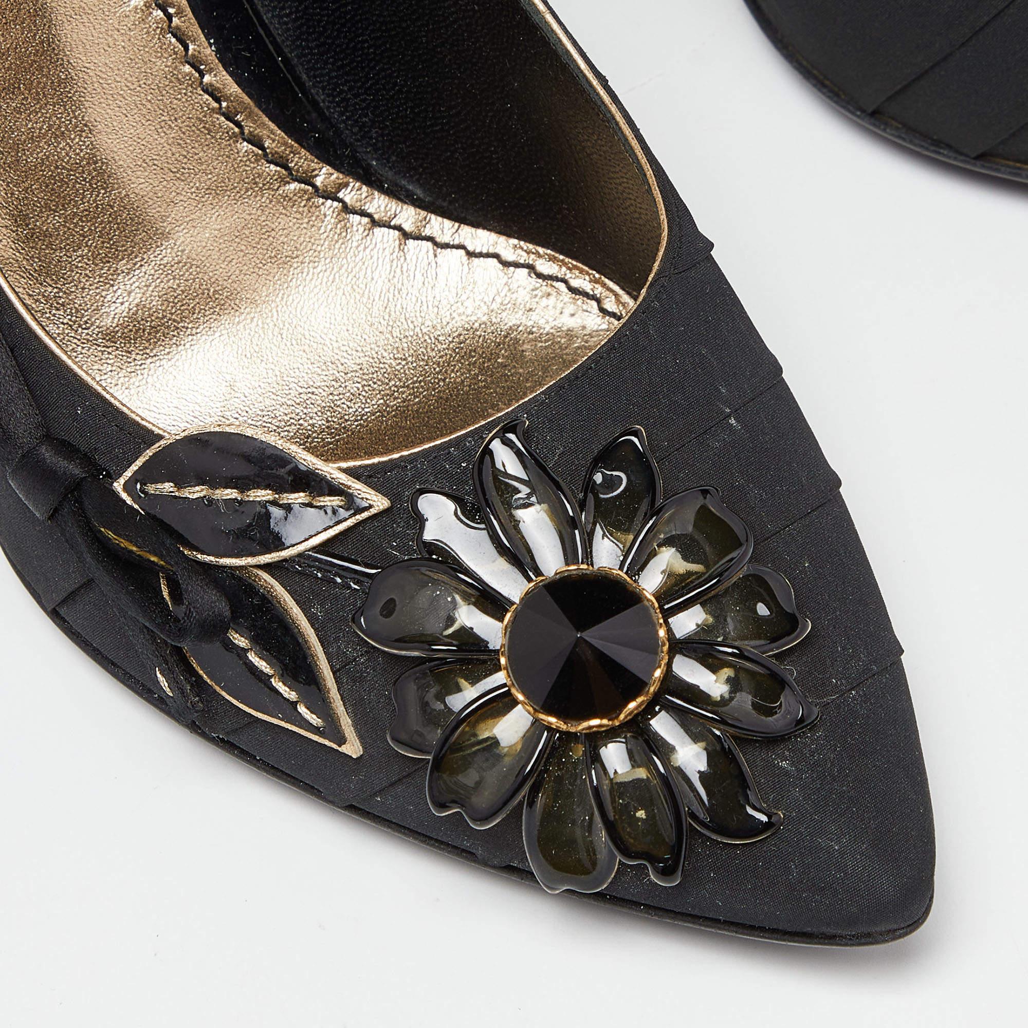 Louis Vuitton Black Pleated Satin Pointed Flower Embellished Pumps Size 37.5 For Sale 2