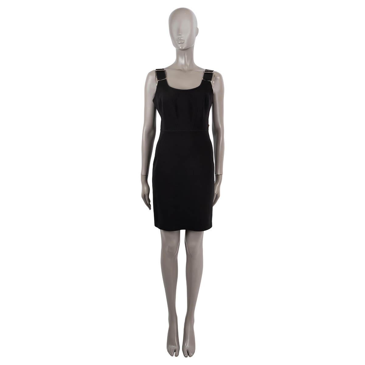 100% authentic Louis Vuitton sleeveless sheath dress in black polyamide (72%) and elastane (28%) - please note the content tag is missing. Features adjustable straps in monogram print. Opens with a zipper in the back. Unlined. Has been worn and is