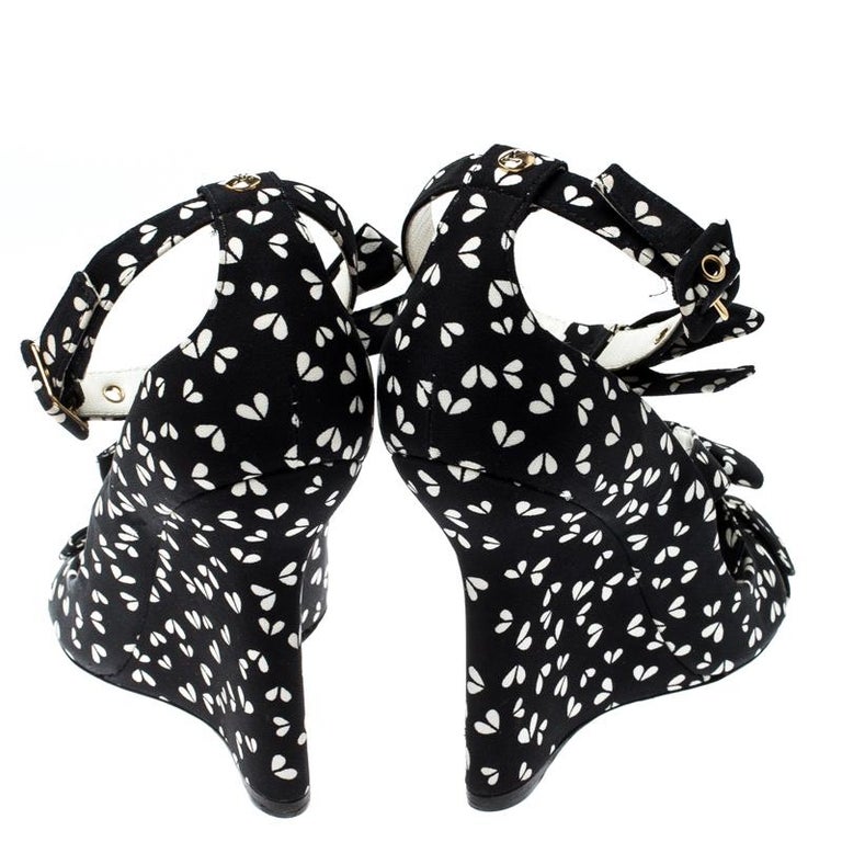 Louis Vuitton Black Printed Fabric Bow Ankle Strap Wedges Sandals Size 38 For Sale at 1stdibs