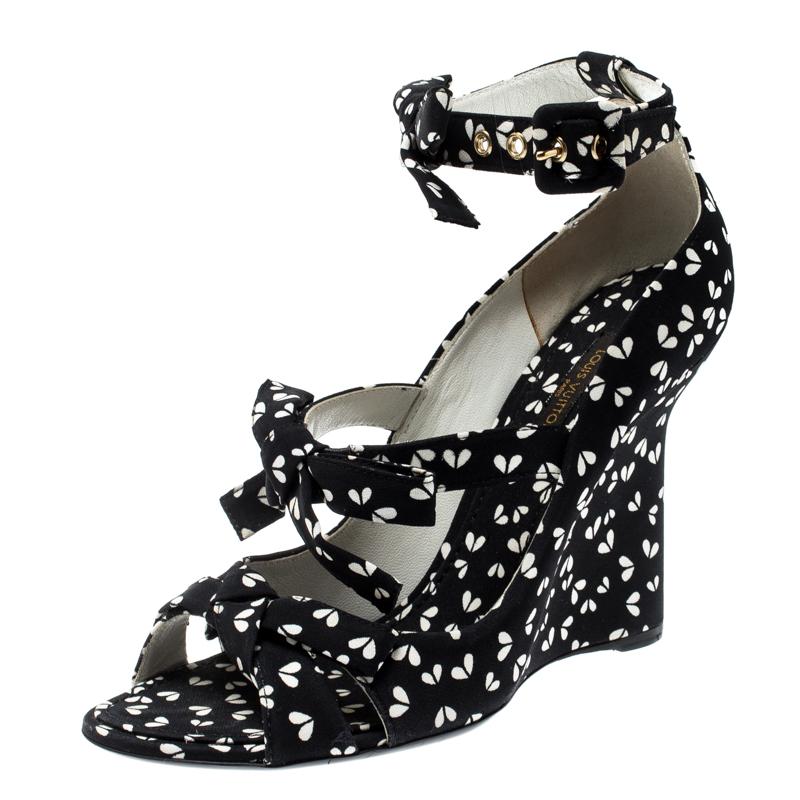 Louis Vuitton Black Printed Fabric Bow Ankle Strap Wedges Sandals Size 38 2