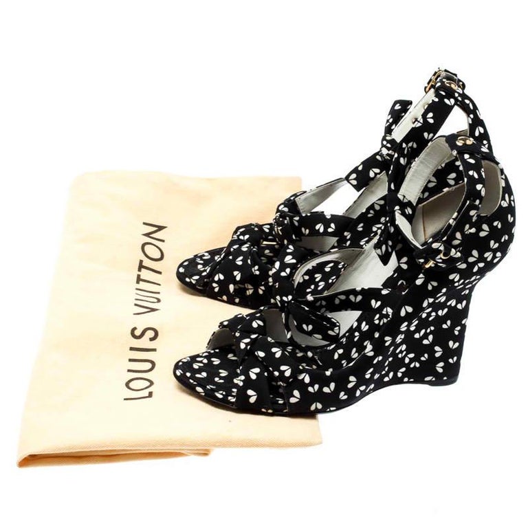 Louis Vuitton Black Printed Fabric Bow Ankle Strap Wedges Sandals Size 38 For Sale at 1stdibs