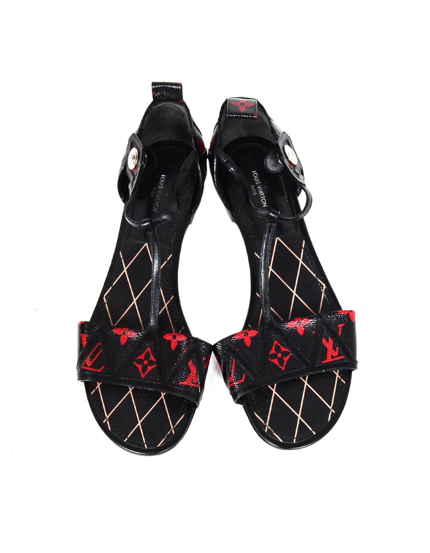 Louis Vuitton Black Red Canvas Leather Infrarouge Monogram T-Strap Sandals sz 38 In Excellent Condition In New York, NY