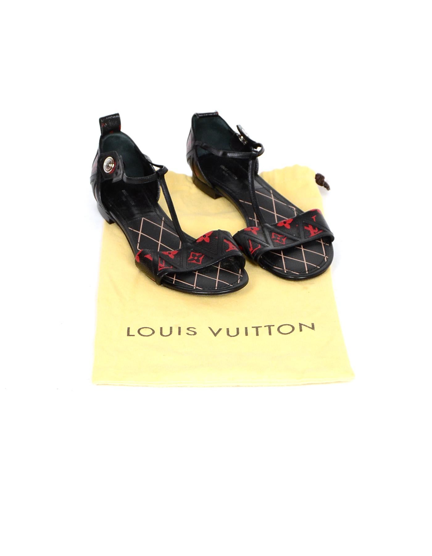 Louis Vuitton Black Red Canvas Leather Infrarouge Monogram T-Strap Sandals sz 38 1