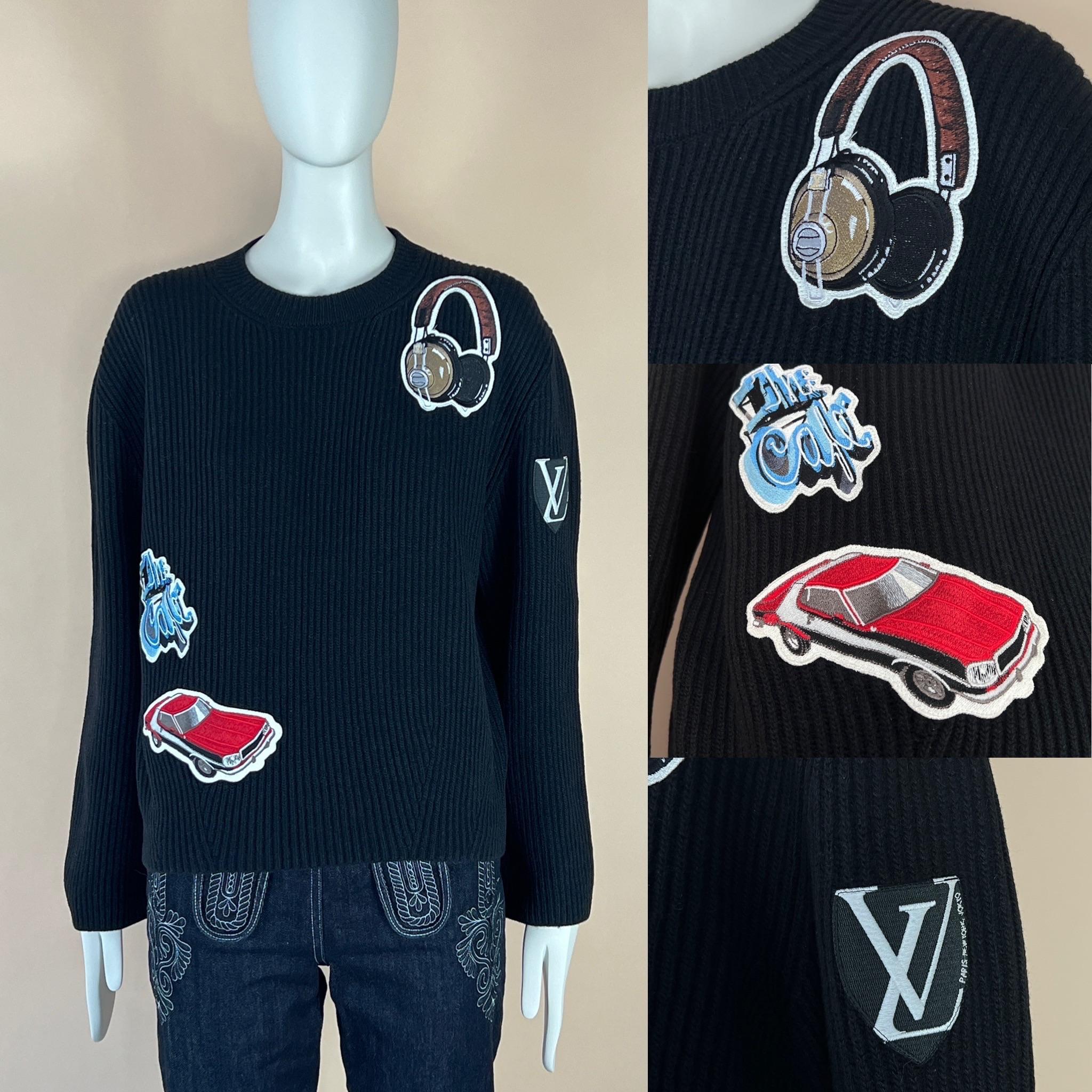 Louis Vuitton Black Ribbed Wool & Cashmere Giant Stickers Patch Jumper In New Condition In Dubai, AE