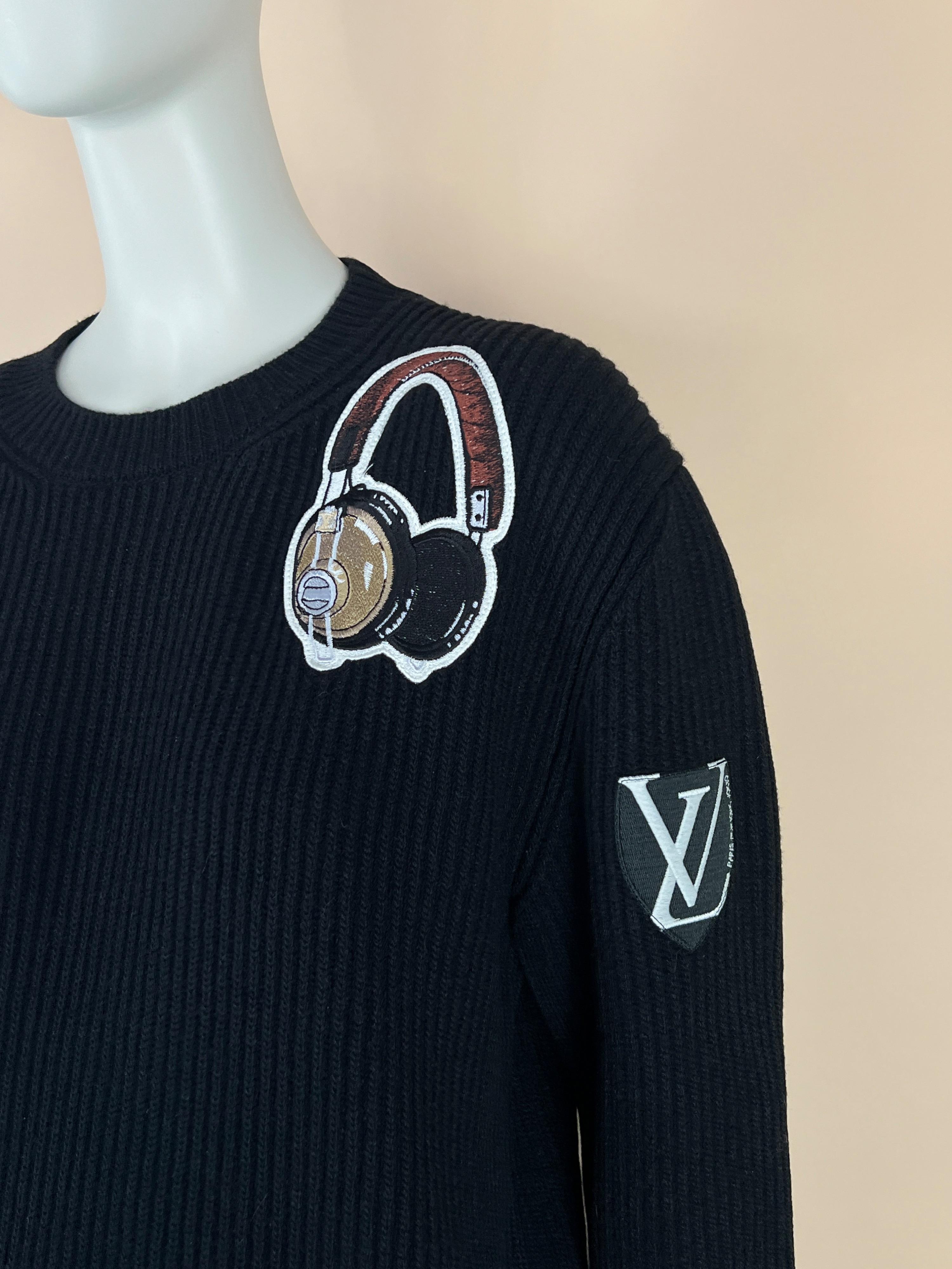 Women's Louis Vuitton Black Ribbed Wool & Cashmere Giant Stickers Patch Jumper