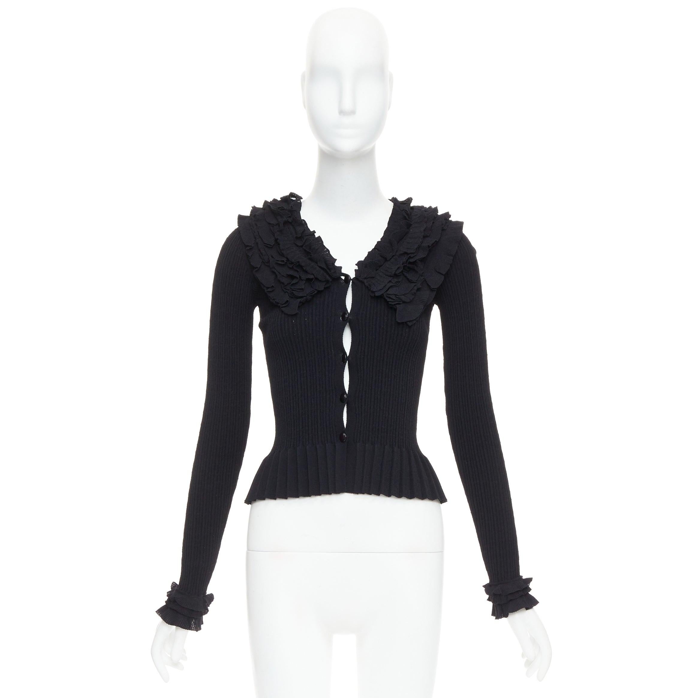 LOUIS VUITTON black ruffle collar cuffs ribbed long sleeves cardigan XS For Sale 6