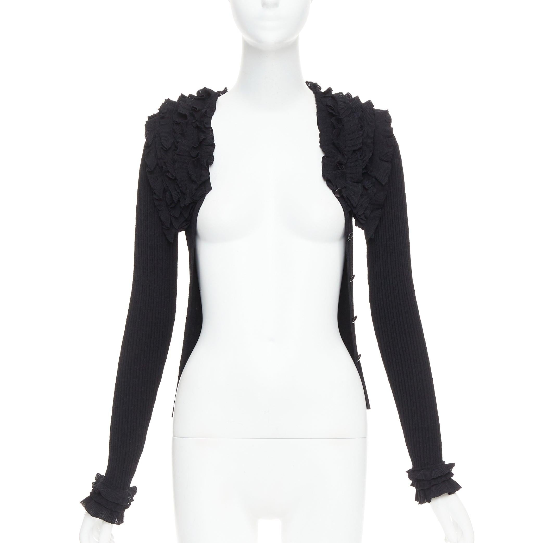 Black LOUIS VUITTON black ruffle collar cuffs ribbed long sleeves cardigan XS For Sale