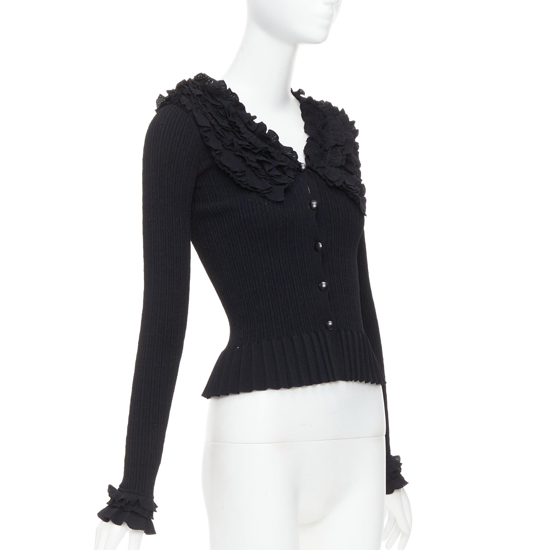 LOUIS VUITTON black ruffle collar cuffs ribbed long sleeves cardigan XS In Good Condition For Sale In Hong Kong, NT